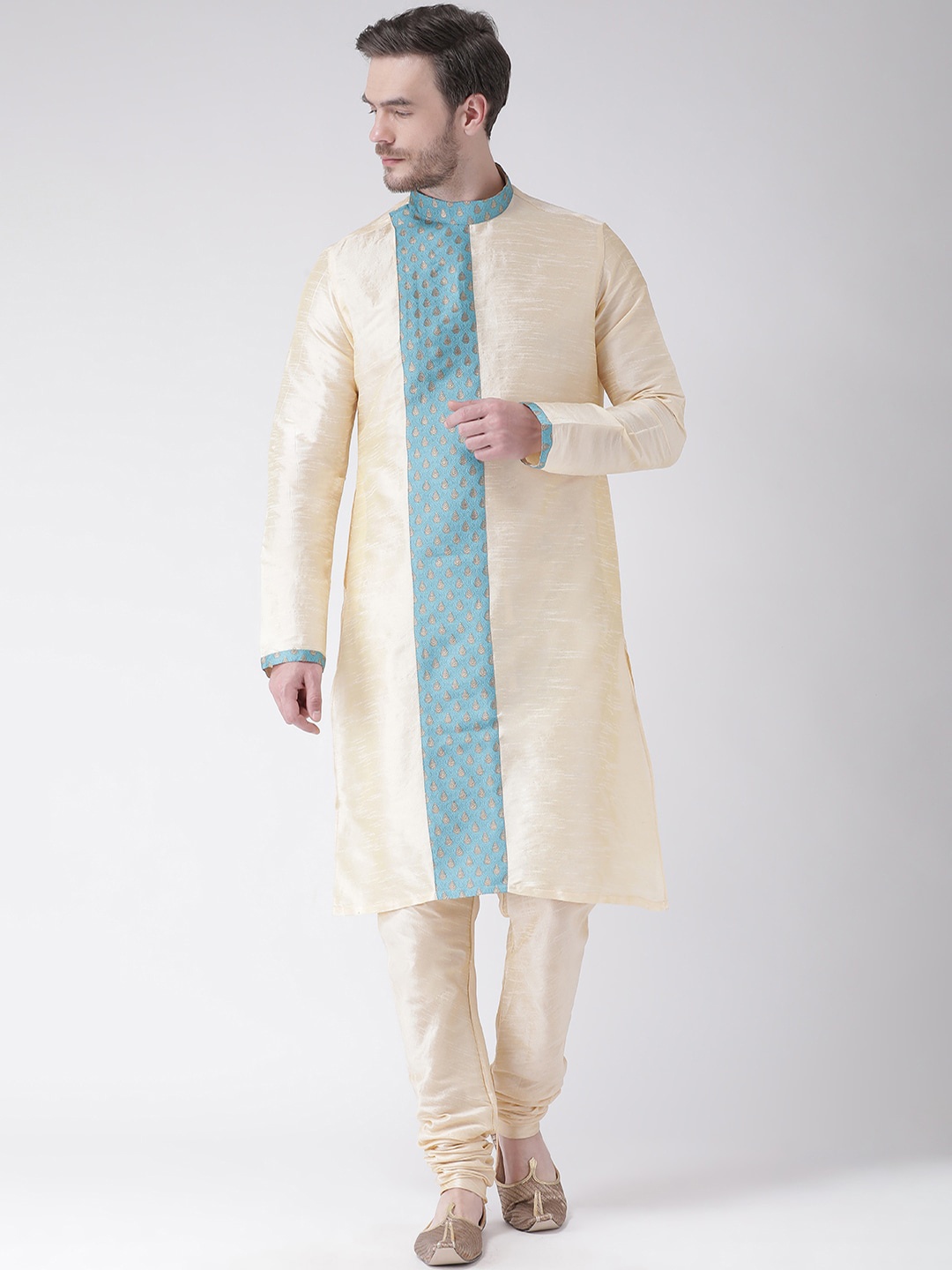 

LAMAAYA Men Cream-Coloured & Blue Colourblocked Banarasi Silk Straight Kurta