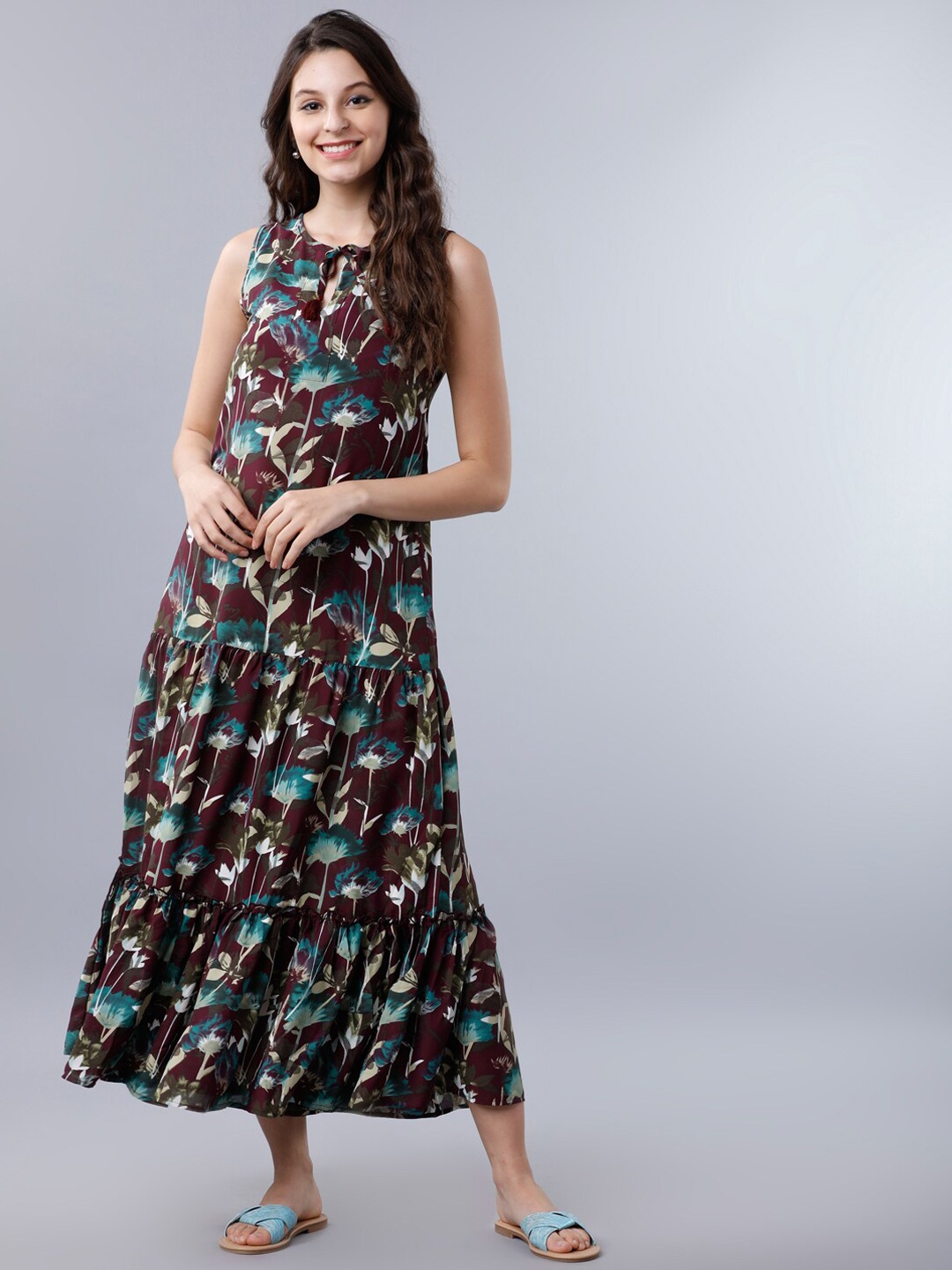 

Tokyo Talkies Women Burgundy Floral Printed Maxi Dress