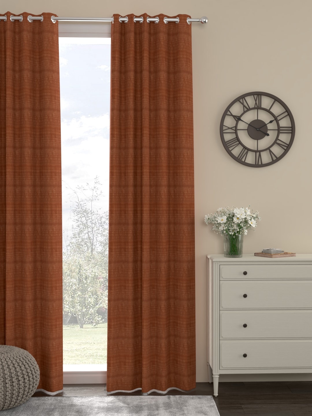 

ROSARA HOME Rust Brown Striped Single Door Curtain