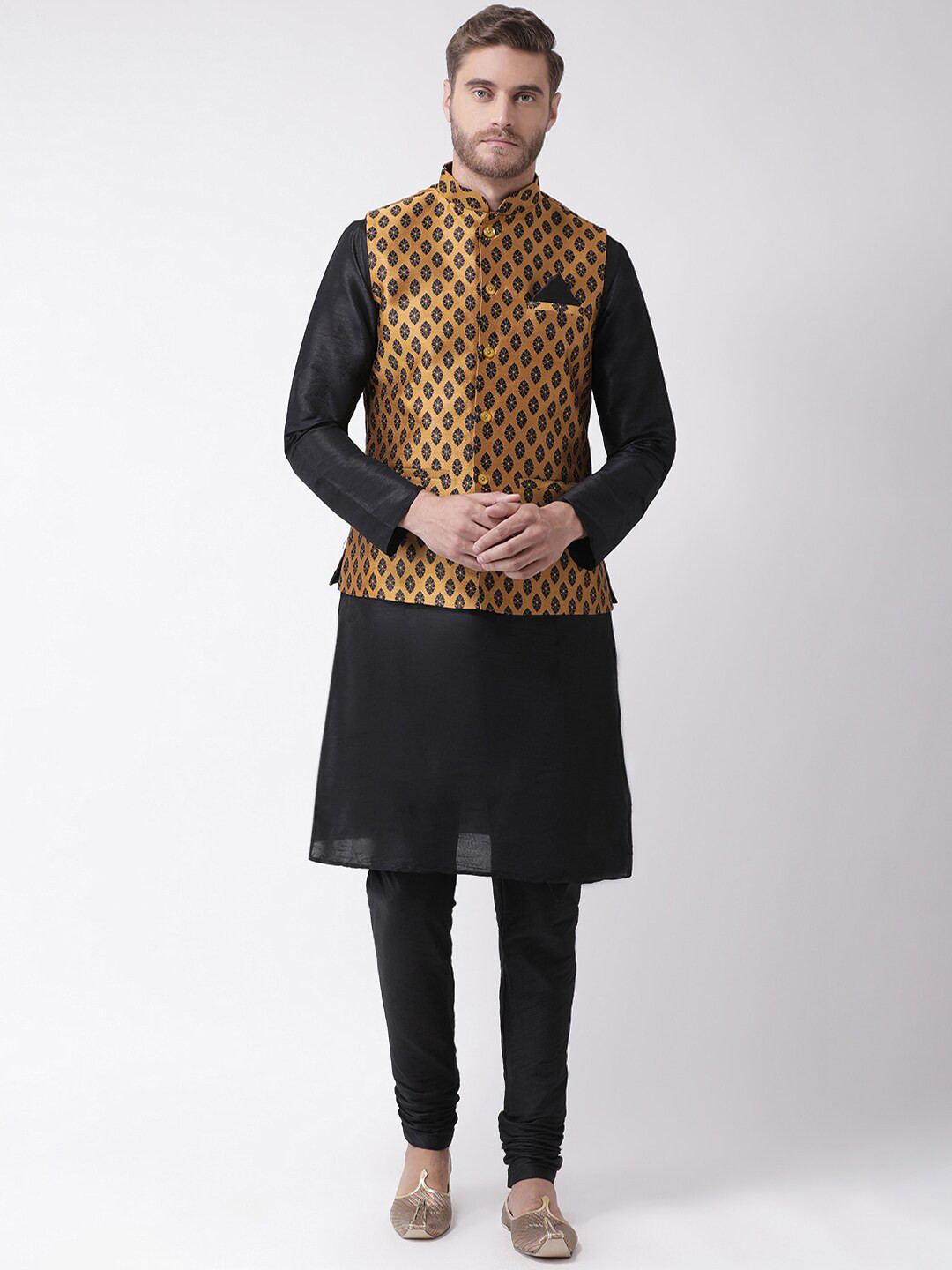 

LAMAAYA Men Brown Nehru Jacket With Dupion Silk Kurta and Churidar