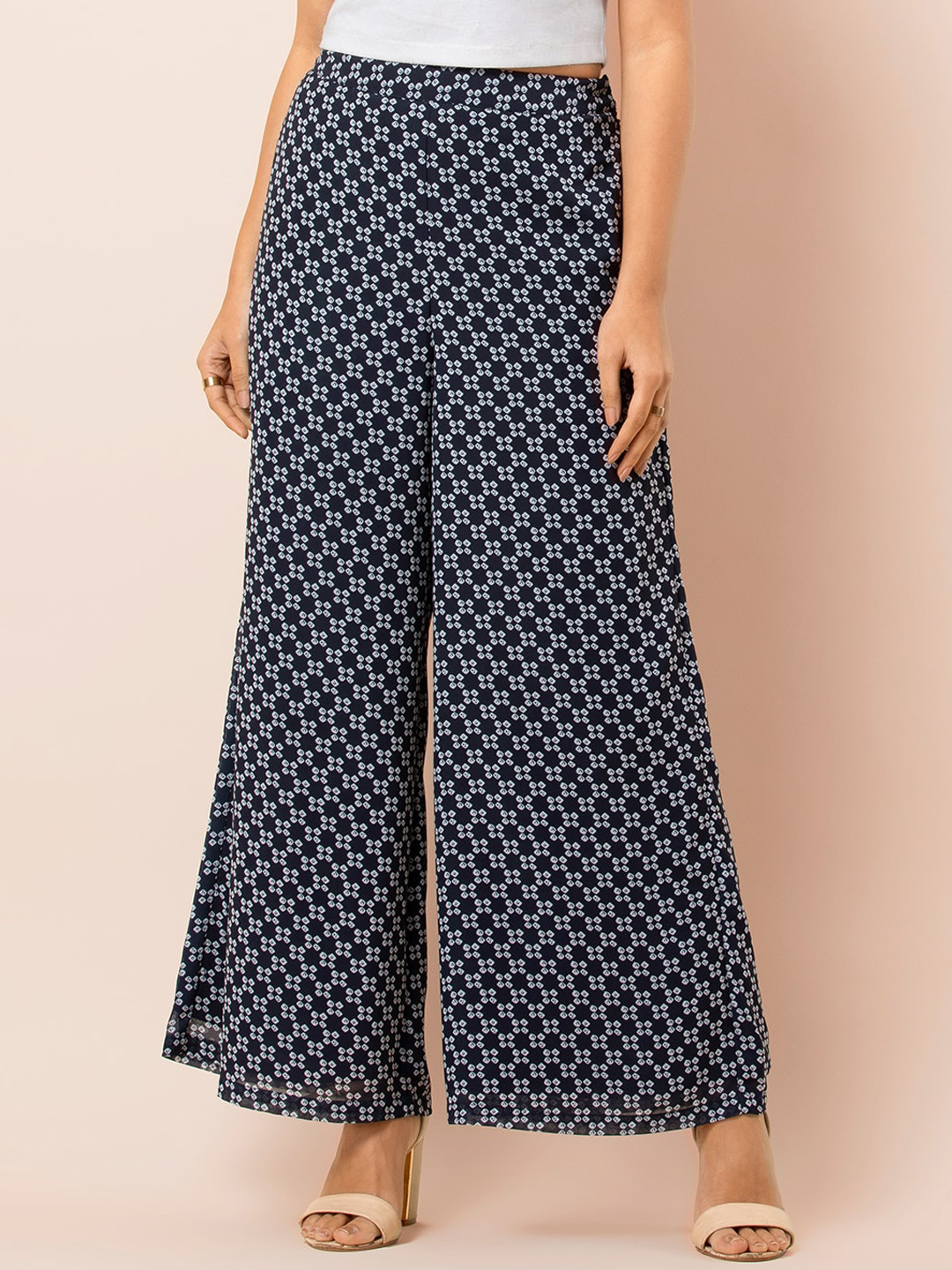 

INDYA Women Blue Regular Fit Printed Parallel Trousers