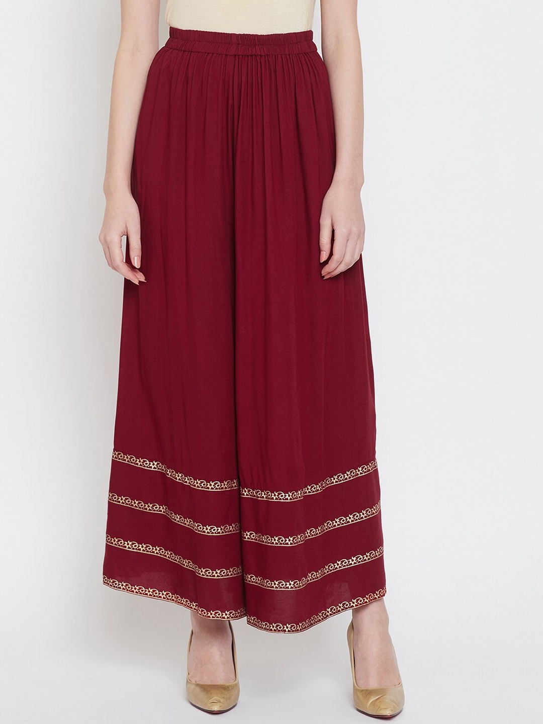 

Castle Women Maroon & Gold Hem Design Flared Palazzos