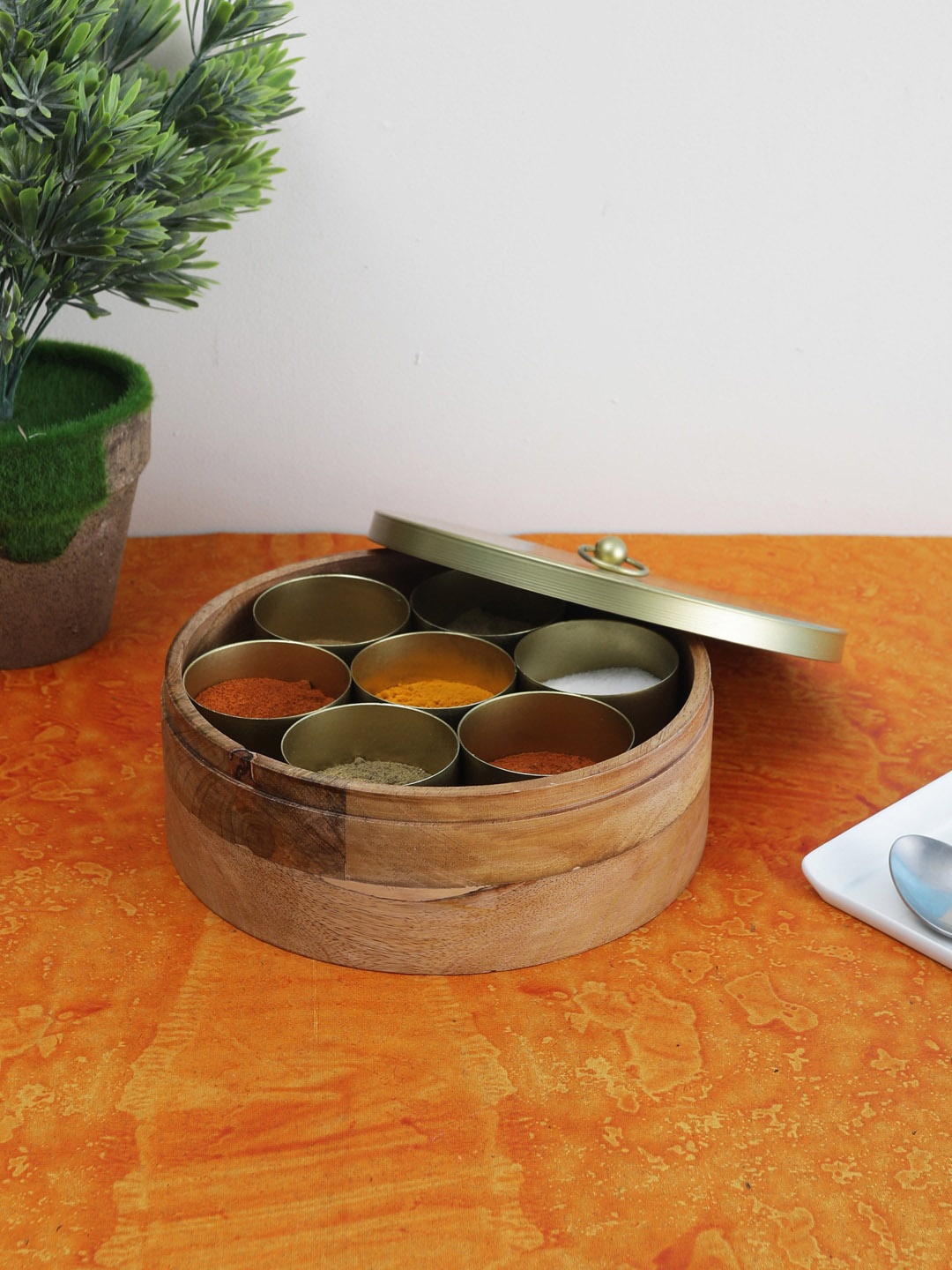 

VarEesha Brown & Gold-Toned Handcrafted Pine Wood Spices Storage Box