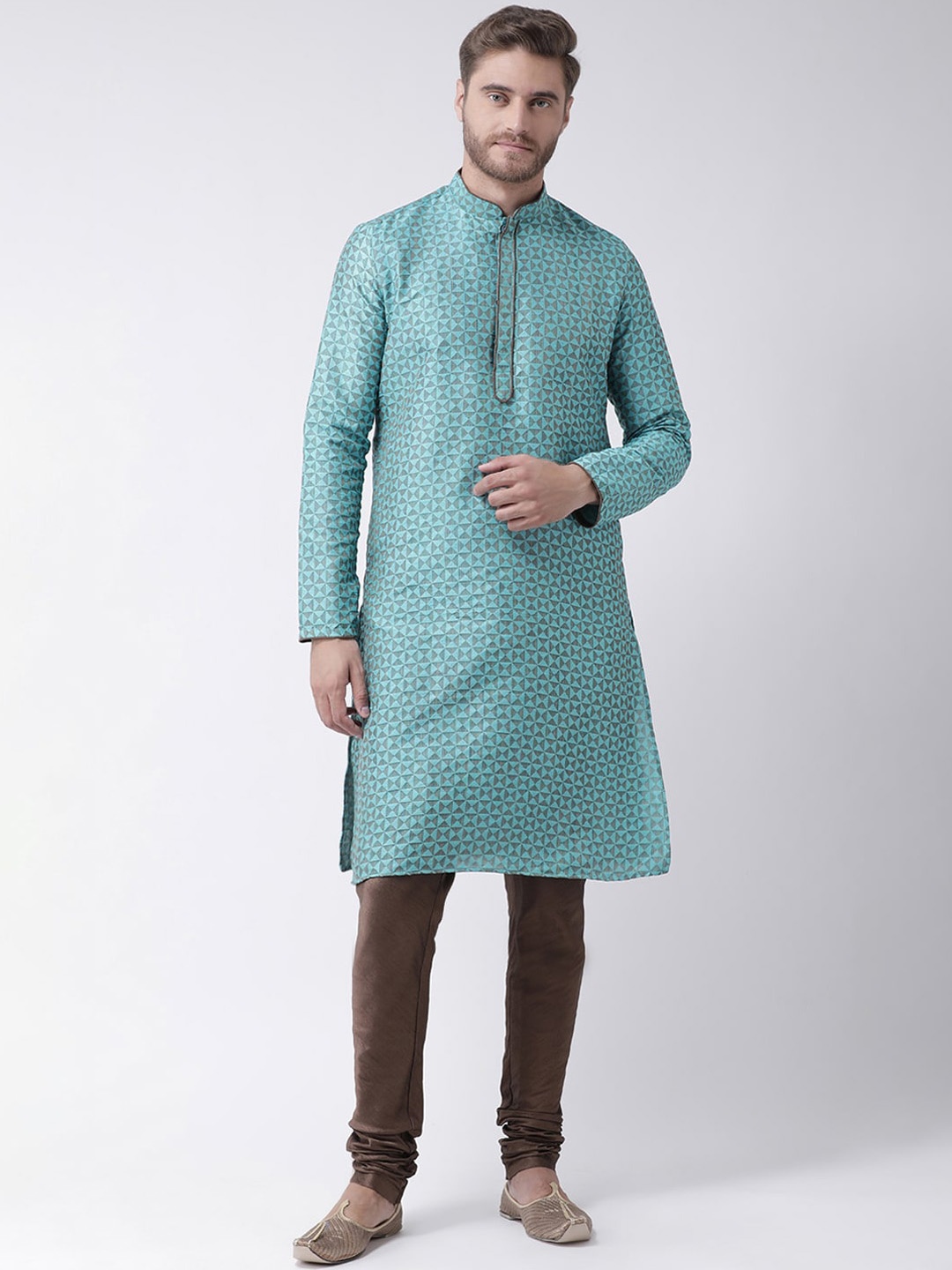LAMAAYA Men Turquoise Blue Banarasi Silk Kurta With Churidar