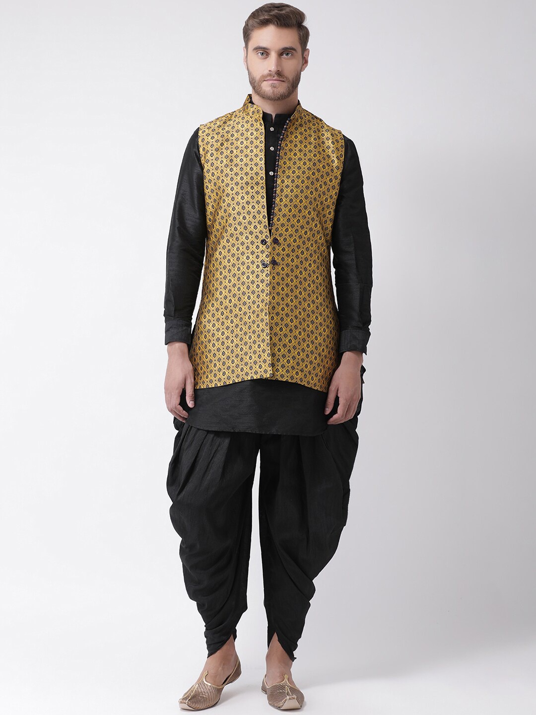 

LAMAAYA Men Yellow Ethnic Motifs Kurti with Dhoti Pant