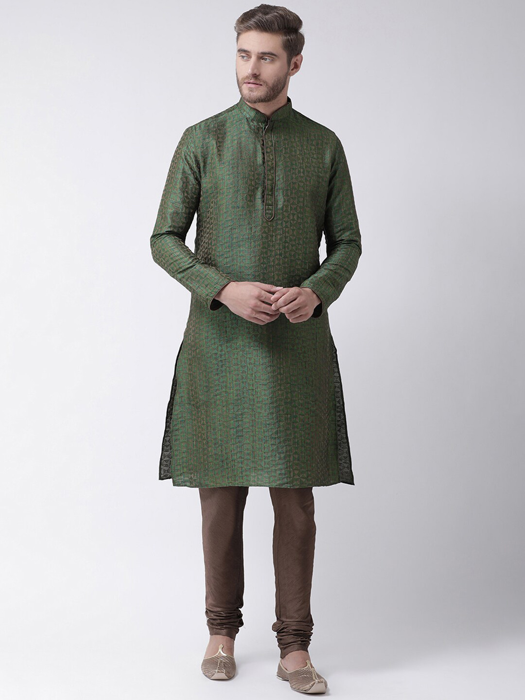 

LAMAAYA Men Green Jaquard Kurta with Churidar