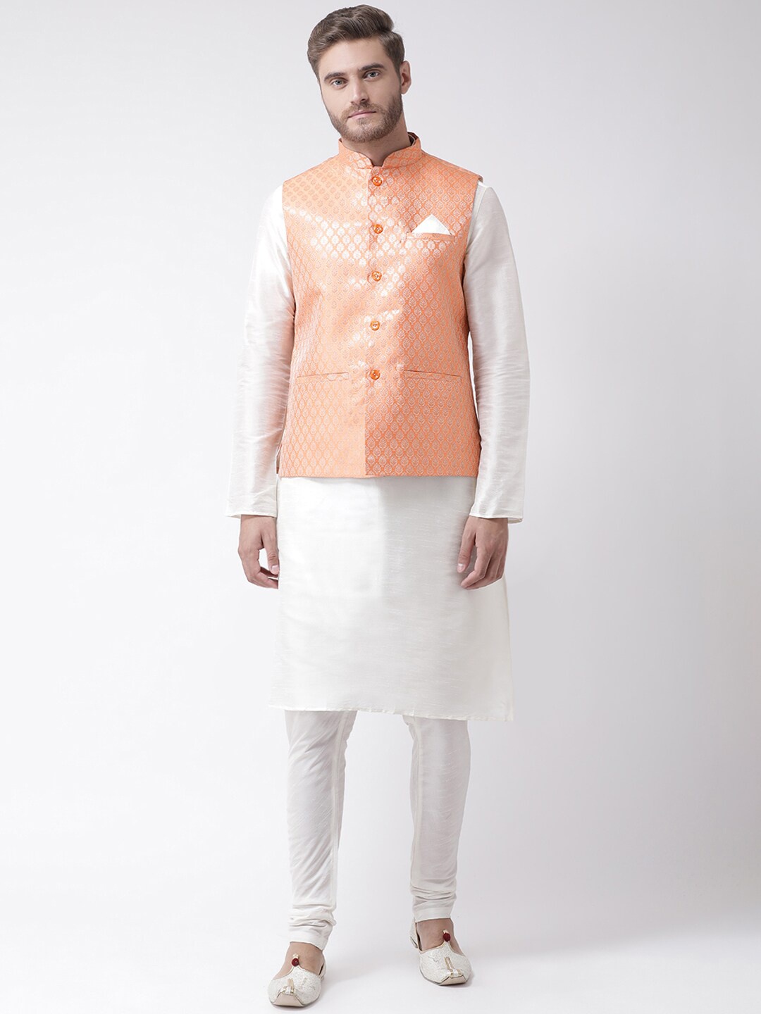 

LAMAAYA Men Orange & Off-White Solid Kurta with Churidar & Nehru Jacket