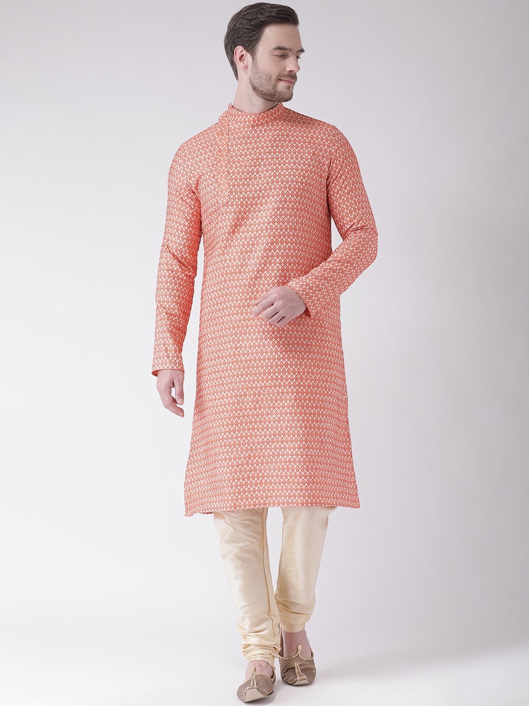 

LAMAAYA Men Orange & Cream-Coloured Woven Design Kurta with Churidar