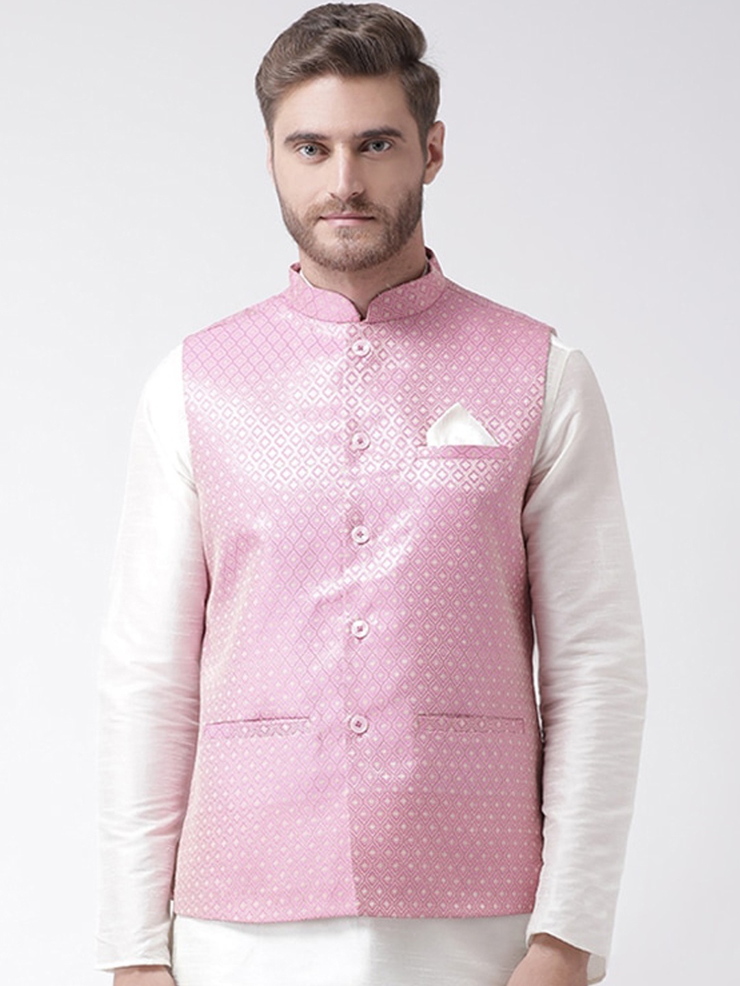

LAMAAYA Men Pink Self Design Kurta Set With Nehru Jacket