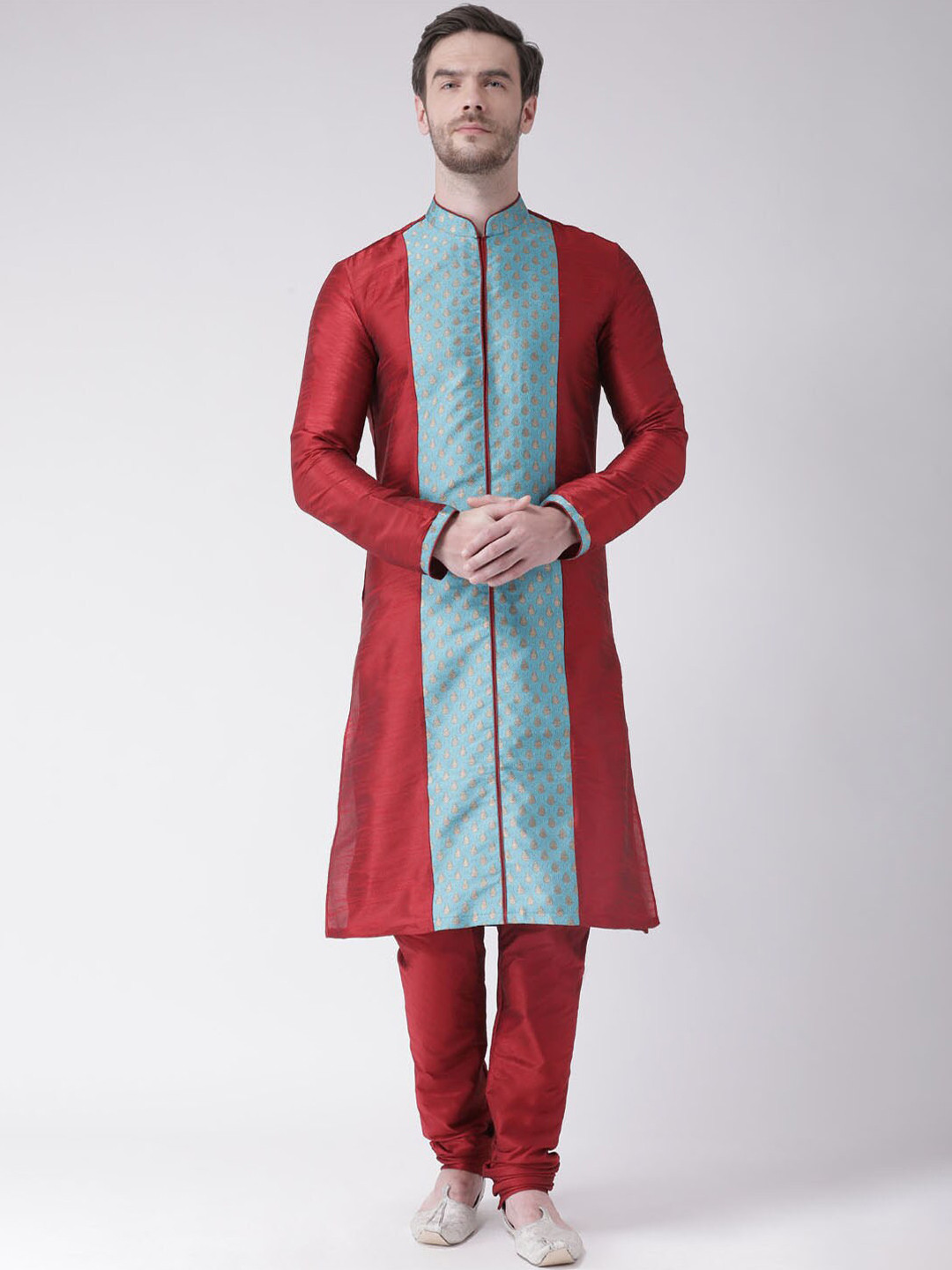 

LAMAAYA Men Red & Blue Woven Design Straight Kurta