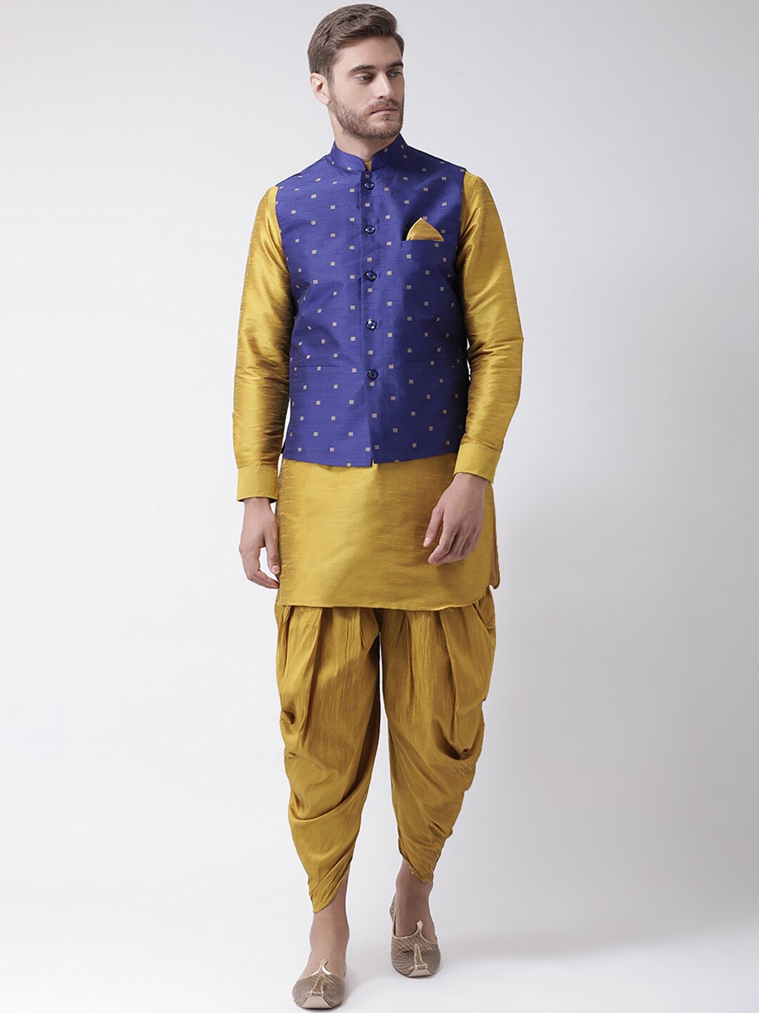 

LAMAAYA Men Blue Kurta with Dhoti Pant and Nehru Jacket