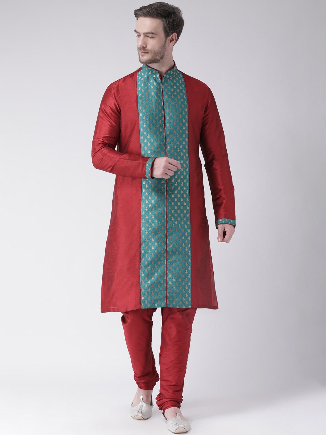 

LAMAAYA Men Red & Green Woven Design A-Line Kurta