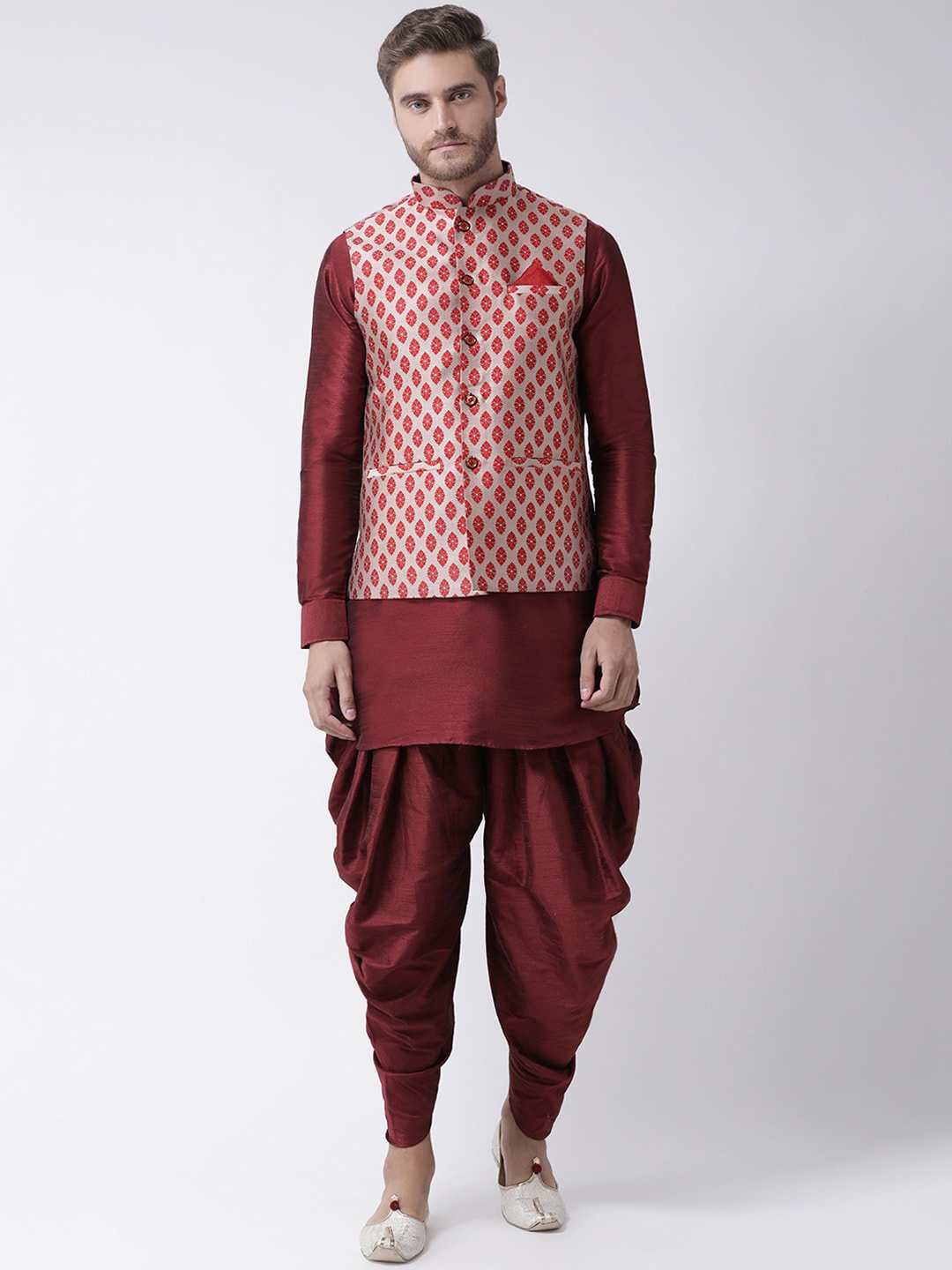 

LAMAAYA Men Pink Nehru Jacket With Dupion Silk Kurta and Patiala