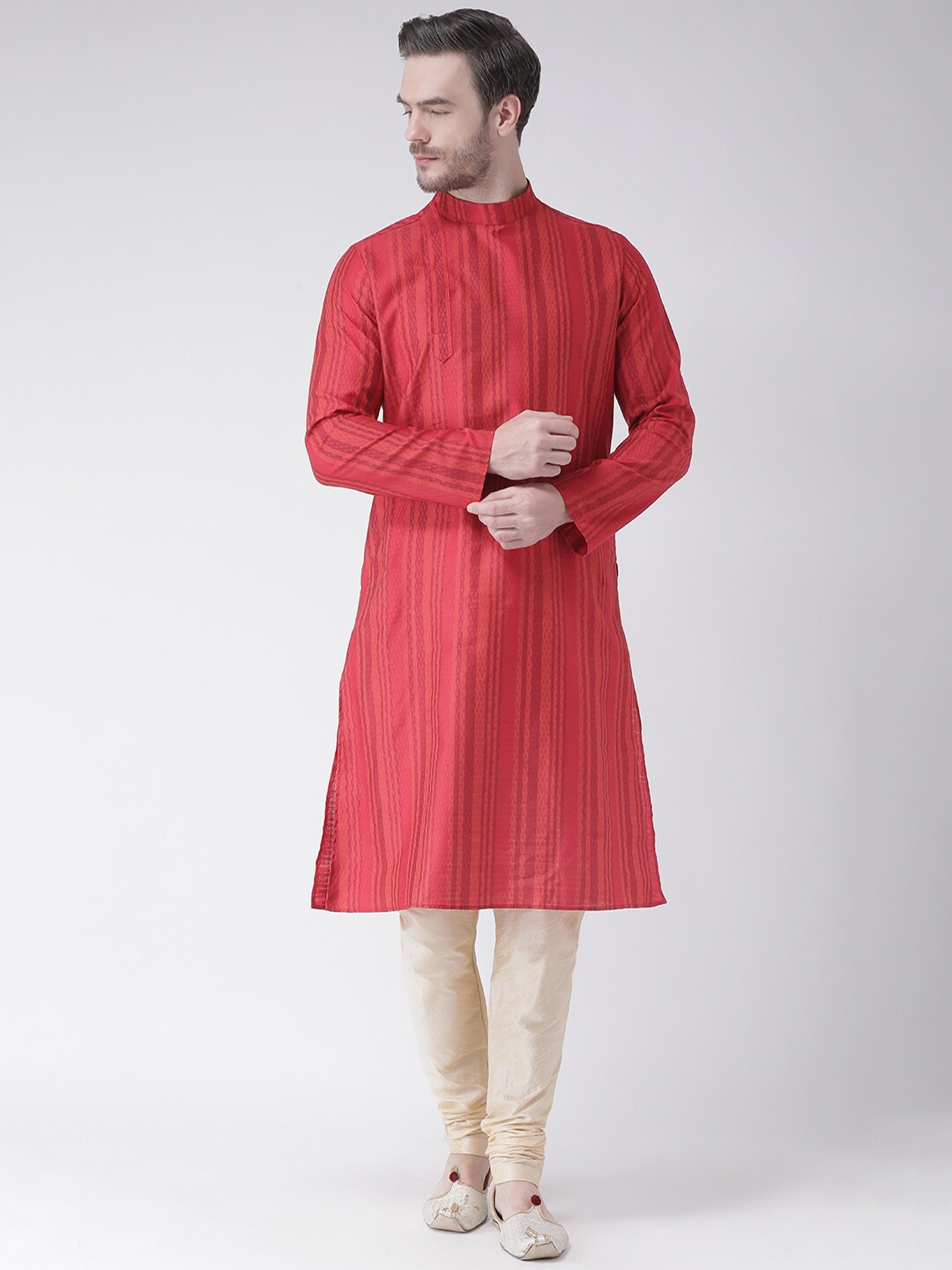LAMAAYA Men Red Striped Kurta with Churidar
