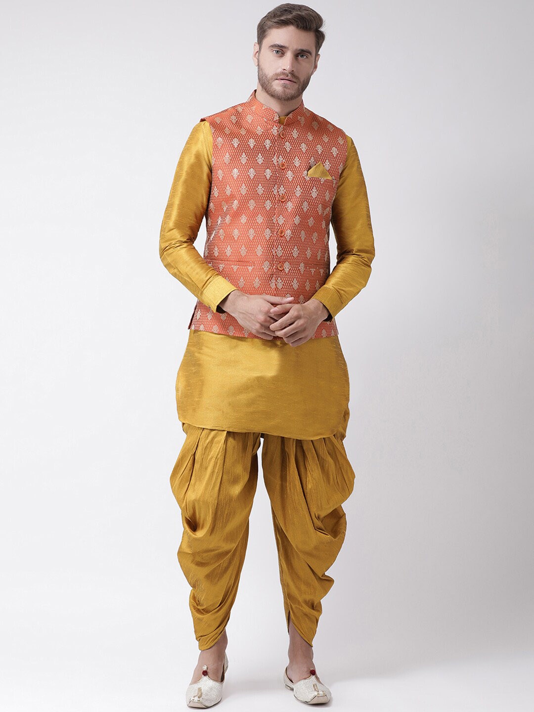 

LAMAAYA Men Orange Kurta with Dhoti Pant With Nehru Jacket