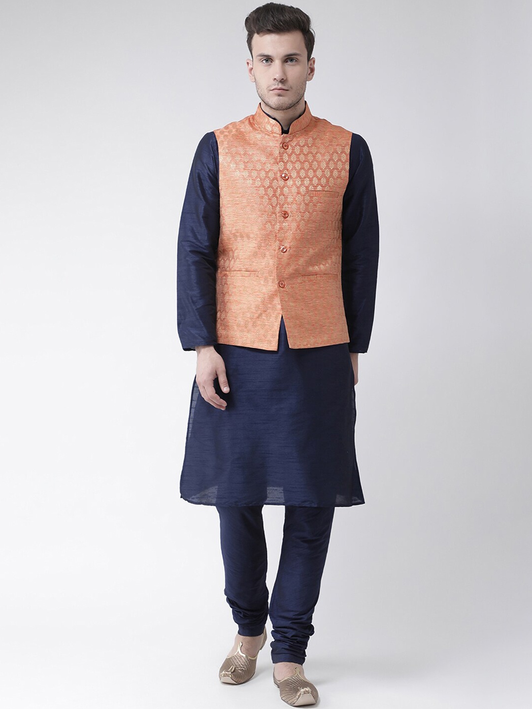 

LAMAAYA Men Navy Blue & Orange Woven Design Kurta with Pyjamas With Nehru Jacket
