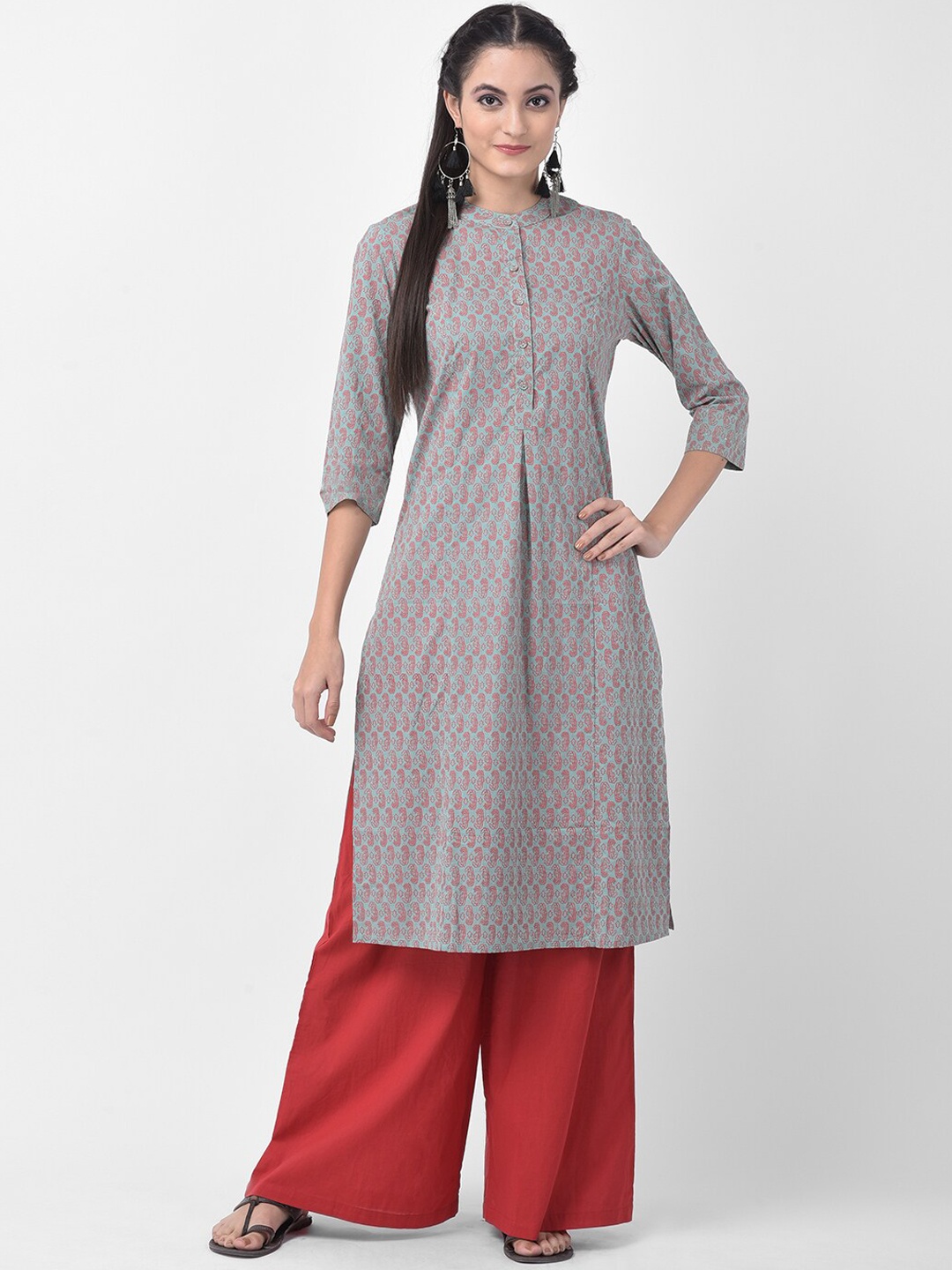 

aayusika Women Grey & Red Quirky Printed Straight Kurta