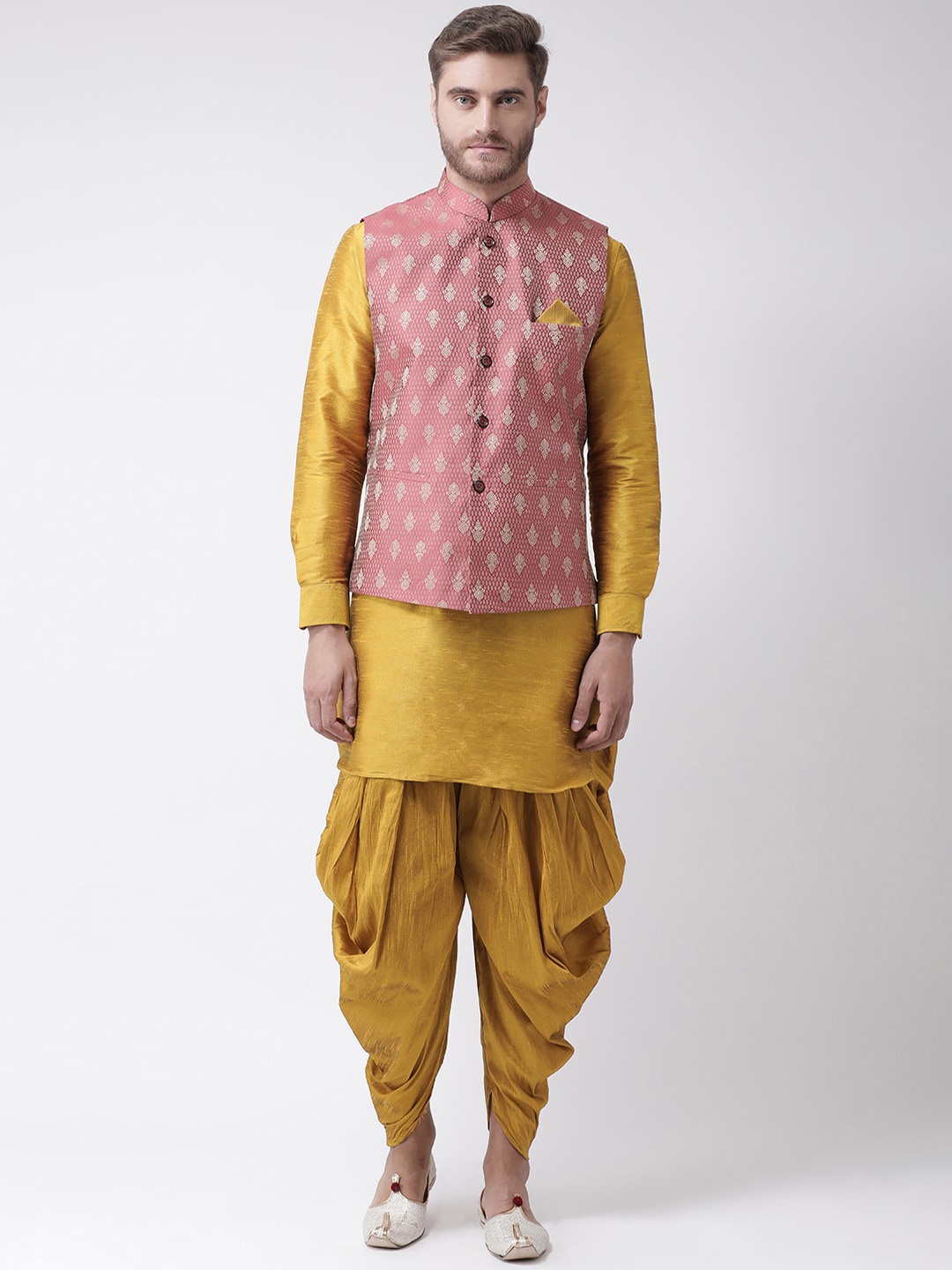 

LAMAAYA Men Mustard Yellow & Red Woven Design Kurta with Dhoti Pants With Nehru Jacket