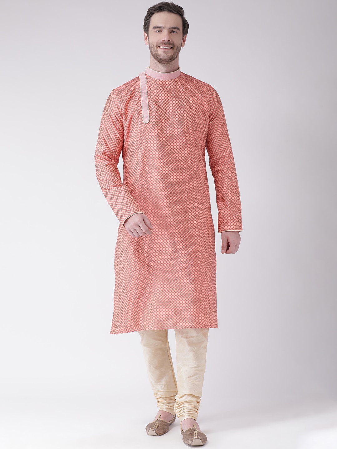 LAMAAYA Men Banarasi Silk Kurta With Churidar, Pink