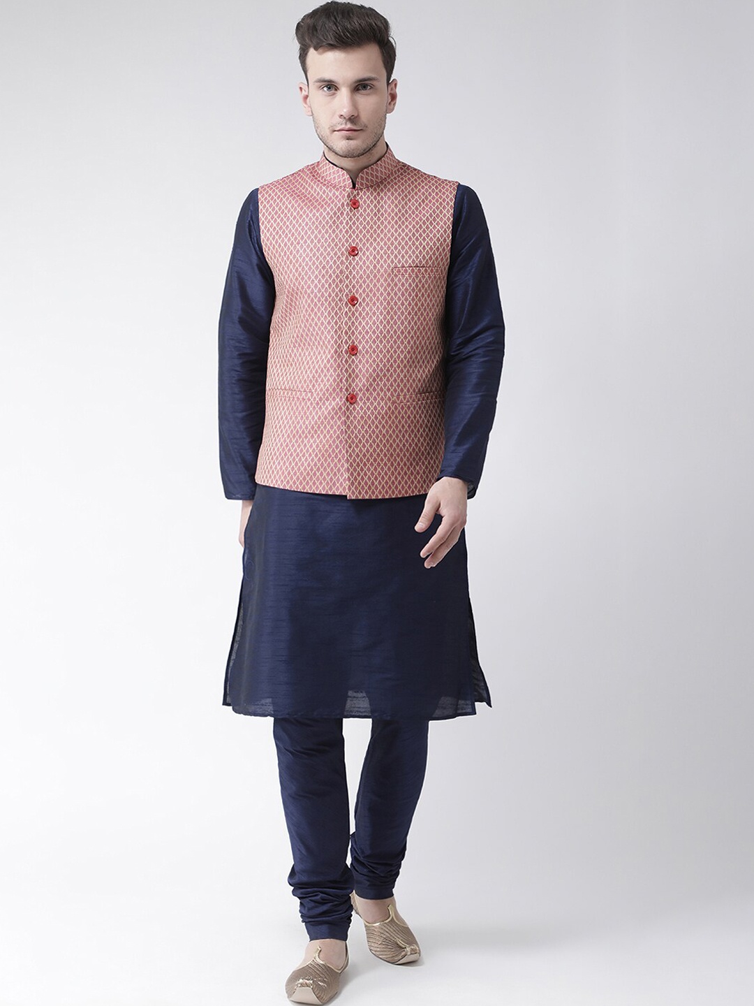 

LAMAAYA Men Pink & Navy Blue Solid Kurta with Churidar & Nehru Jacket
