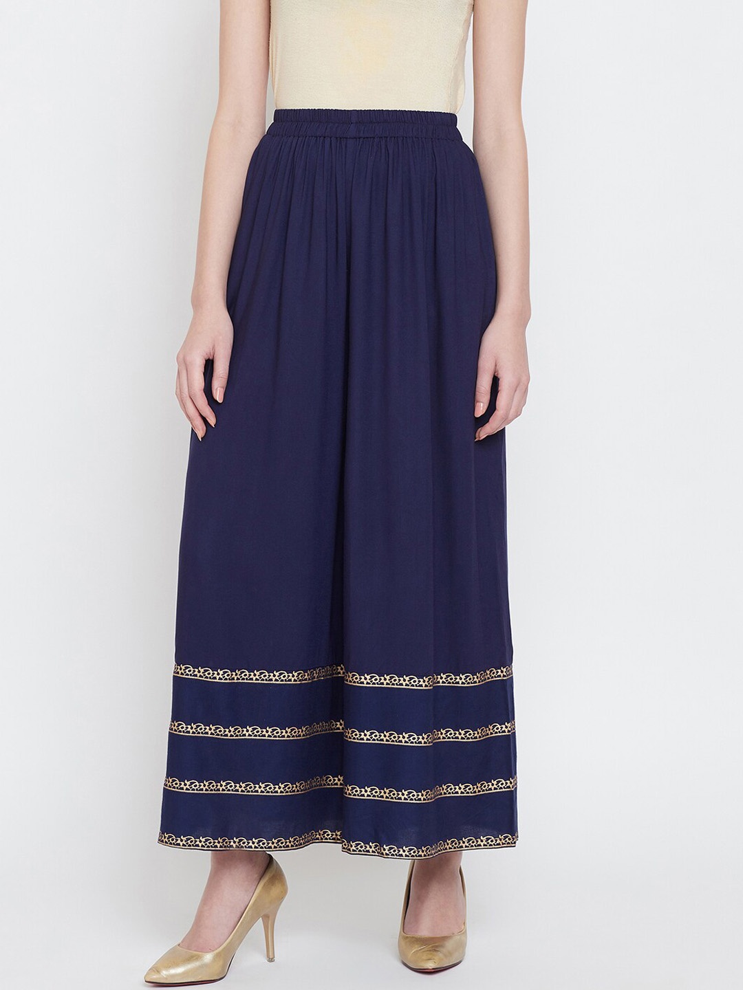 Castle Women Navy Blue & Gold-Toned Hem Design Wide Leg Palazzos
