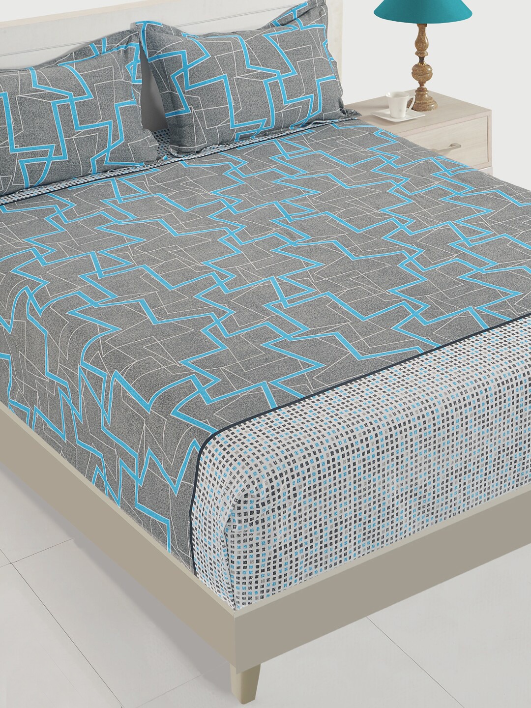 

SWAYAM Blue & Grey Geometric 210 TC Cotton 1 King Bedsheet with 2 Pillow Covers