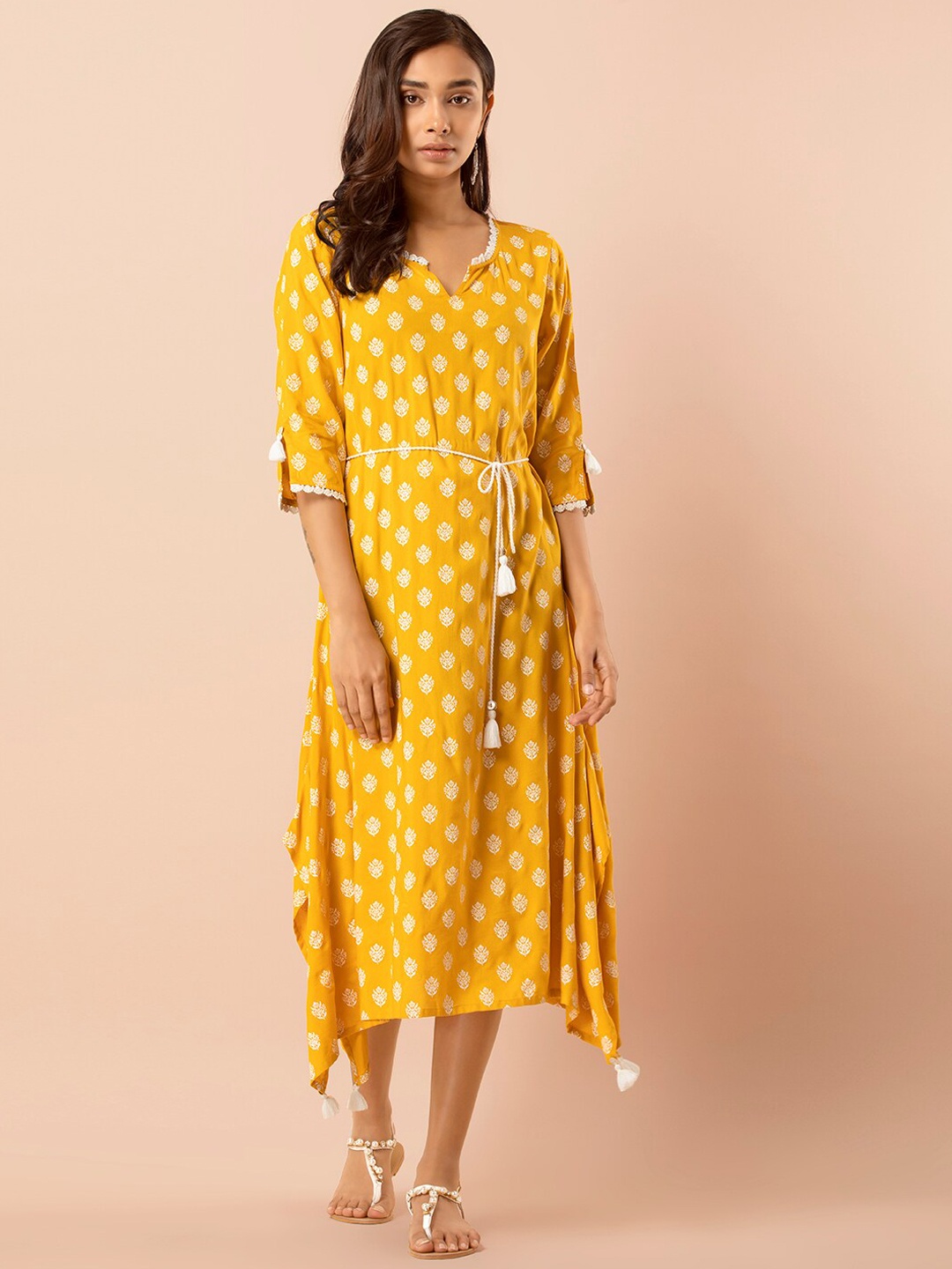 

INDYA Yellow High Low Dress with Dori Belt