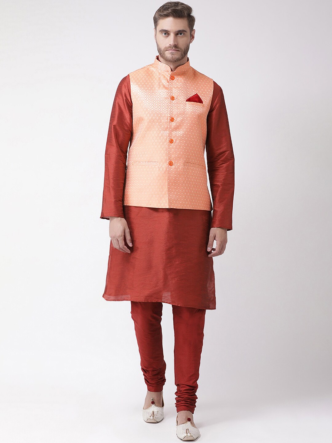 

LAMAAYA Men Maroon & Pink Woven Design Kurta with Churidar With Nehru Jacket