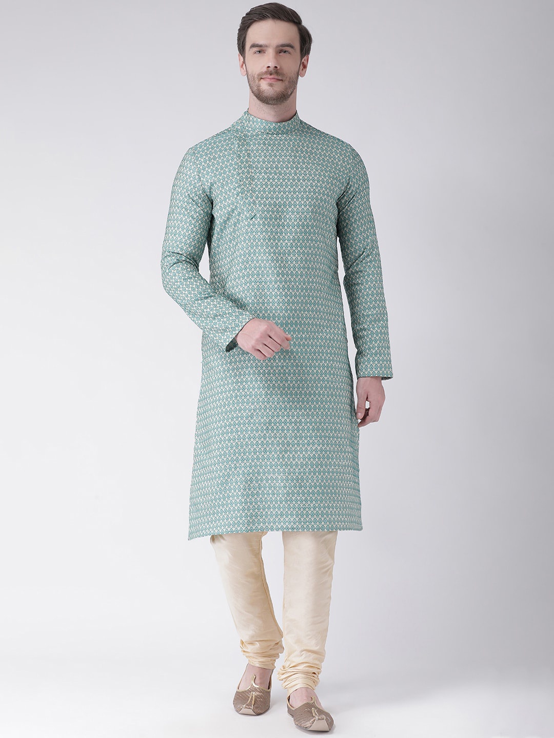

LAMAAYA Men Blue & Cream-Coloured Printed Kurta with Churidar