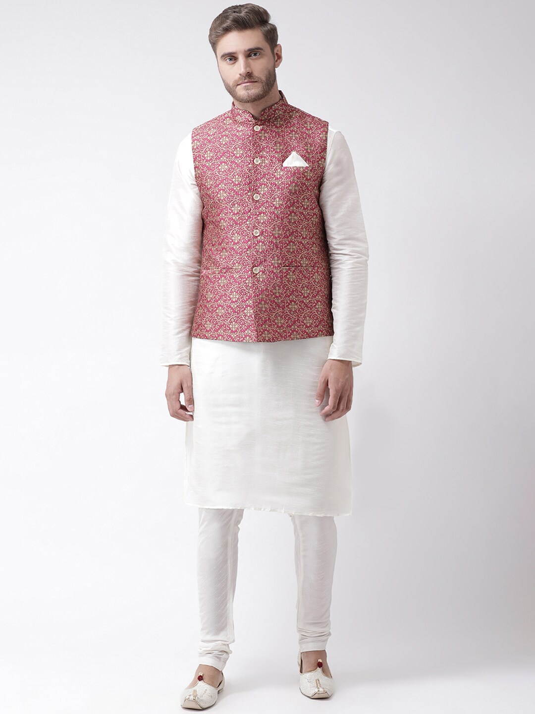 

LAMAAYA Men Pink Floral Kurta & Churidar With Nehru Jacket