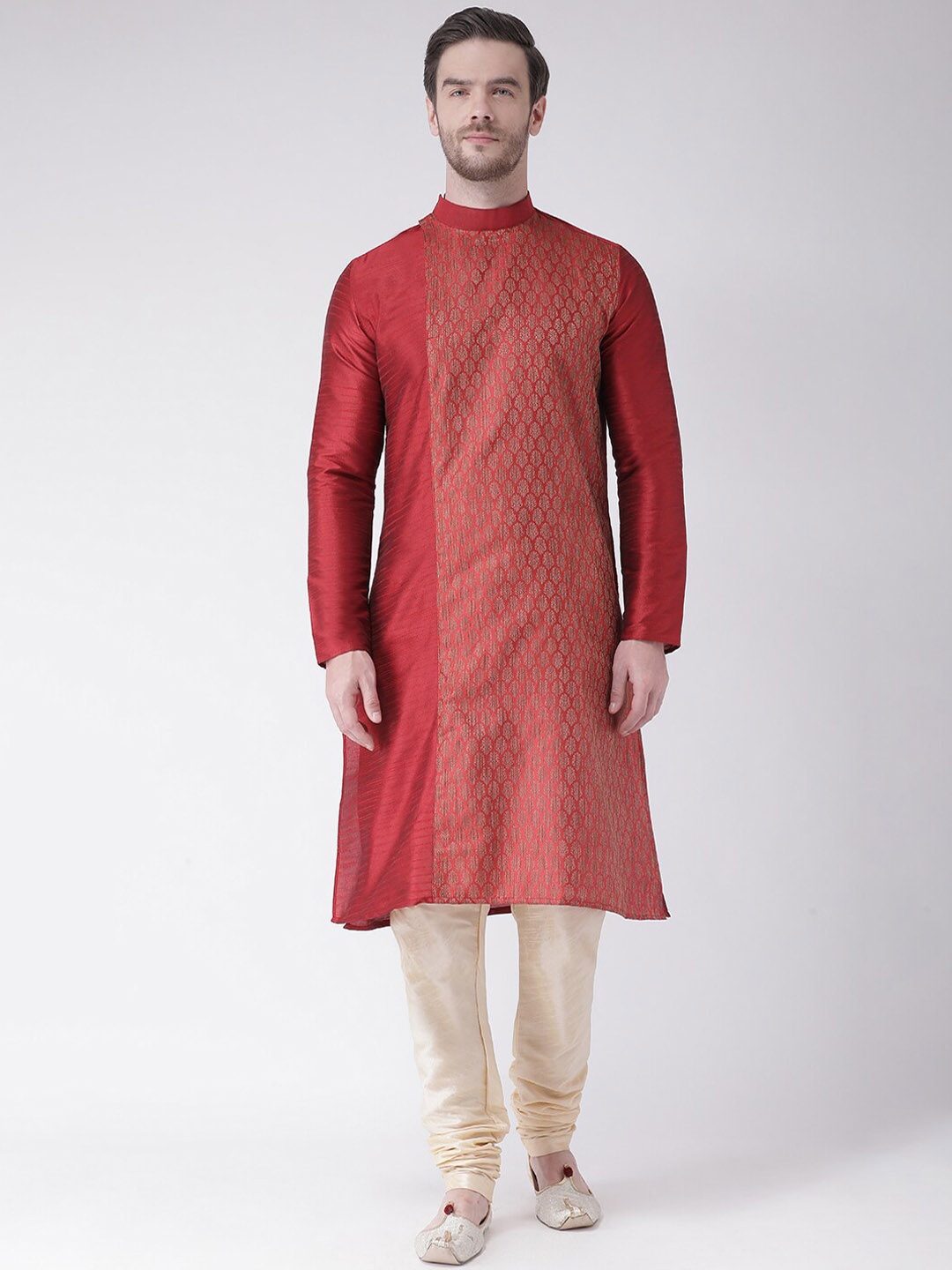 

LAMAAYA Men Red & Cream-Coloured Woven Design Kurta with Churidar