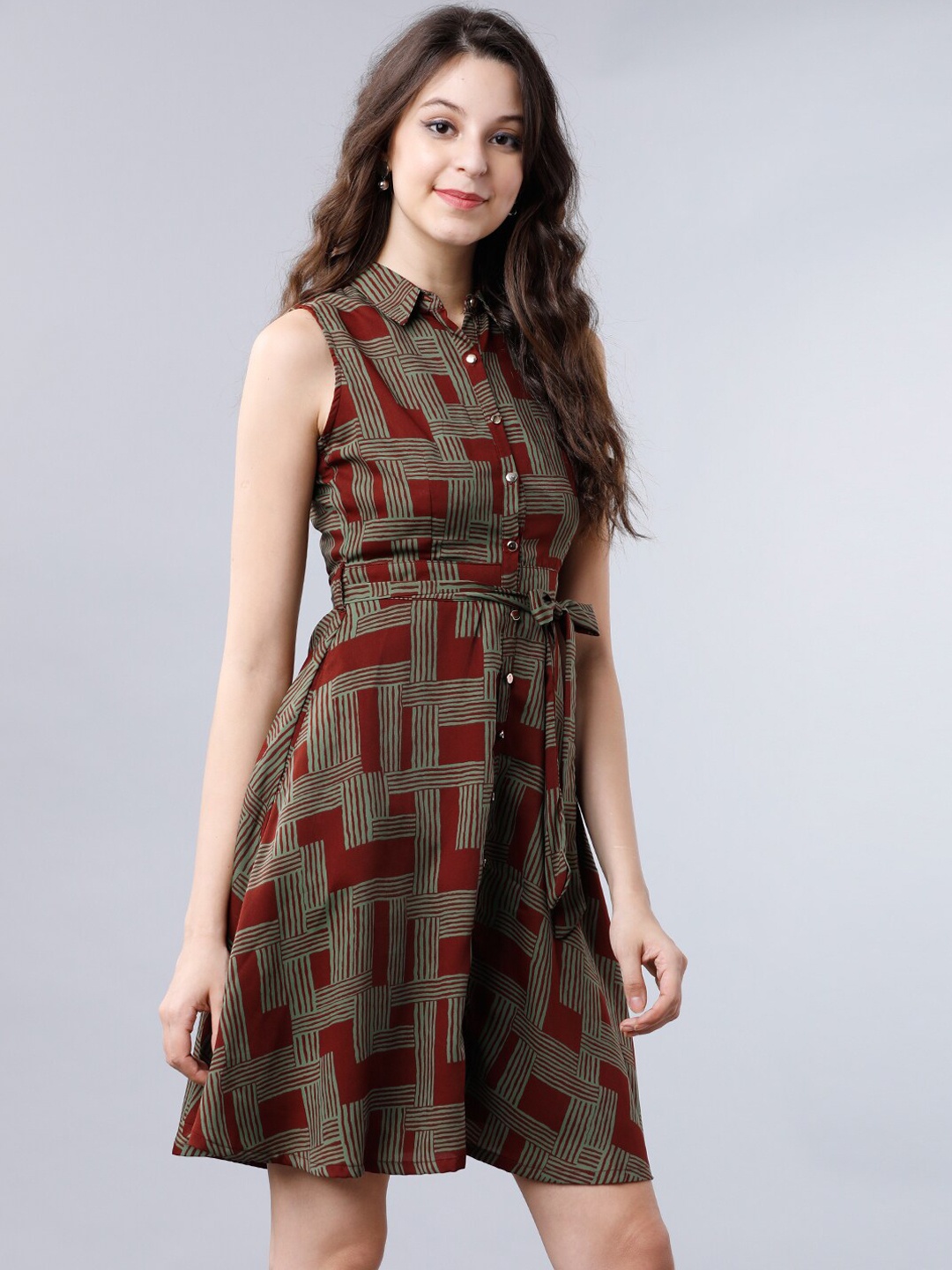 

Tokyo Talkies Women Maroon & Olive Green Printed Shirt Dress