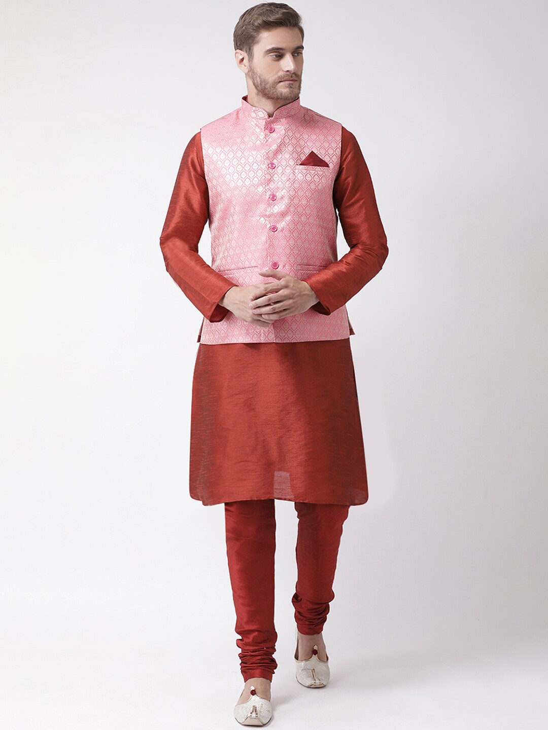 

LAMAAYA Men Pink & Red Solid Kurta with Churidar & Nehru Jacket