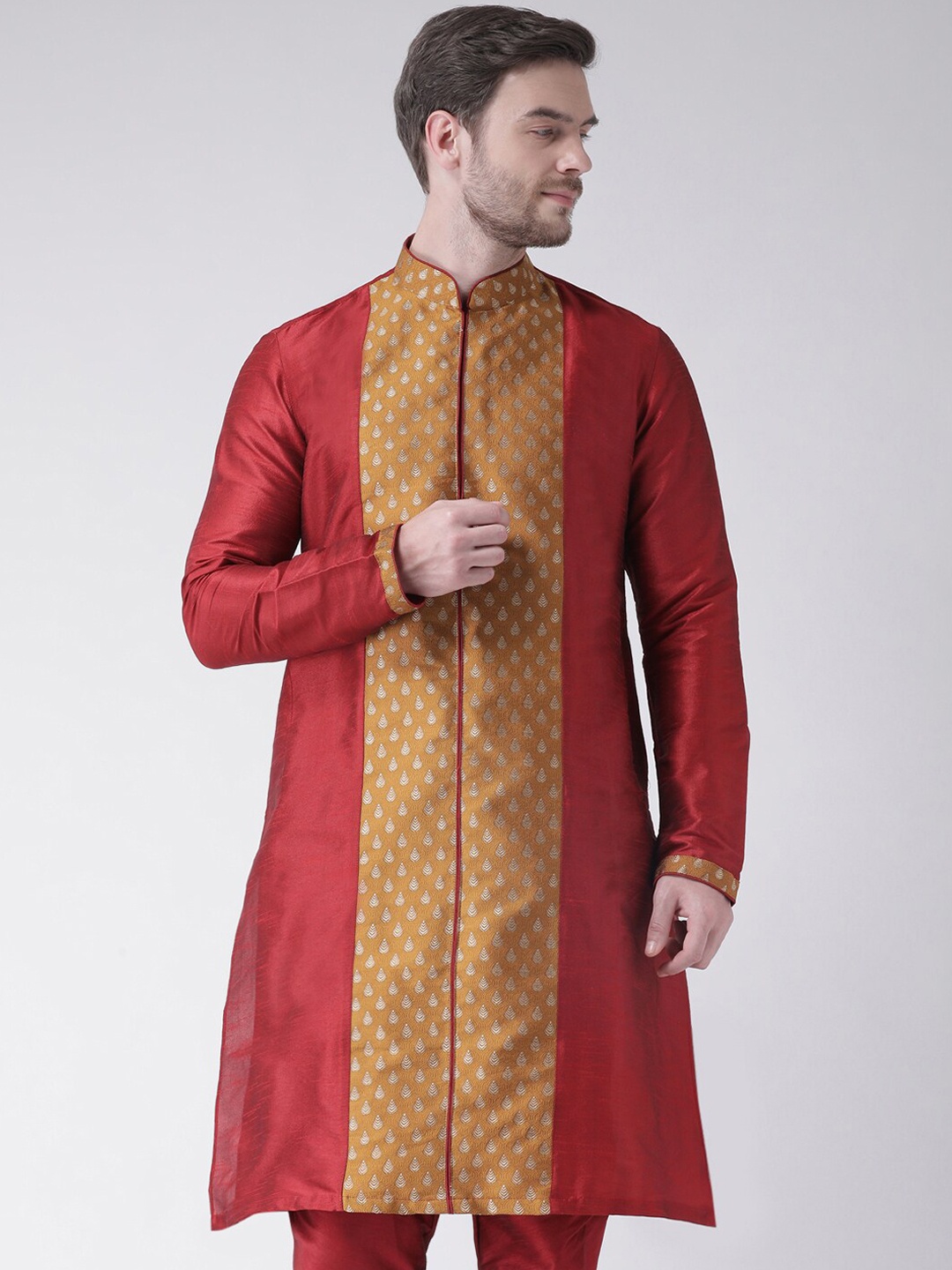 

LAMAAYA Men Red & Orange Woven Design Banarasi Silk Straight Kurta