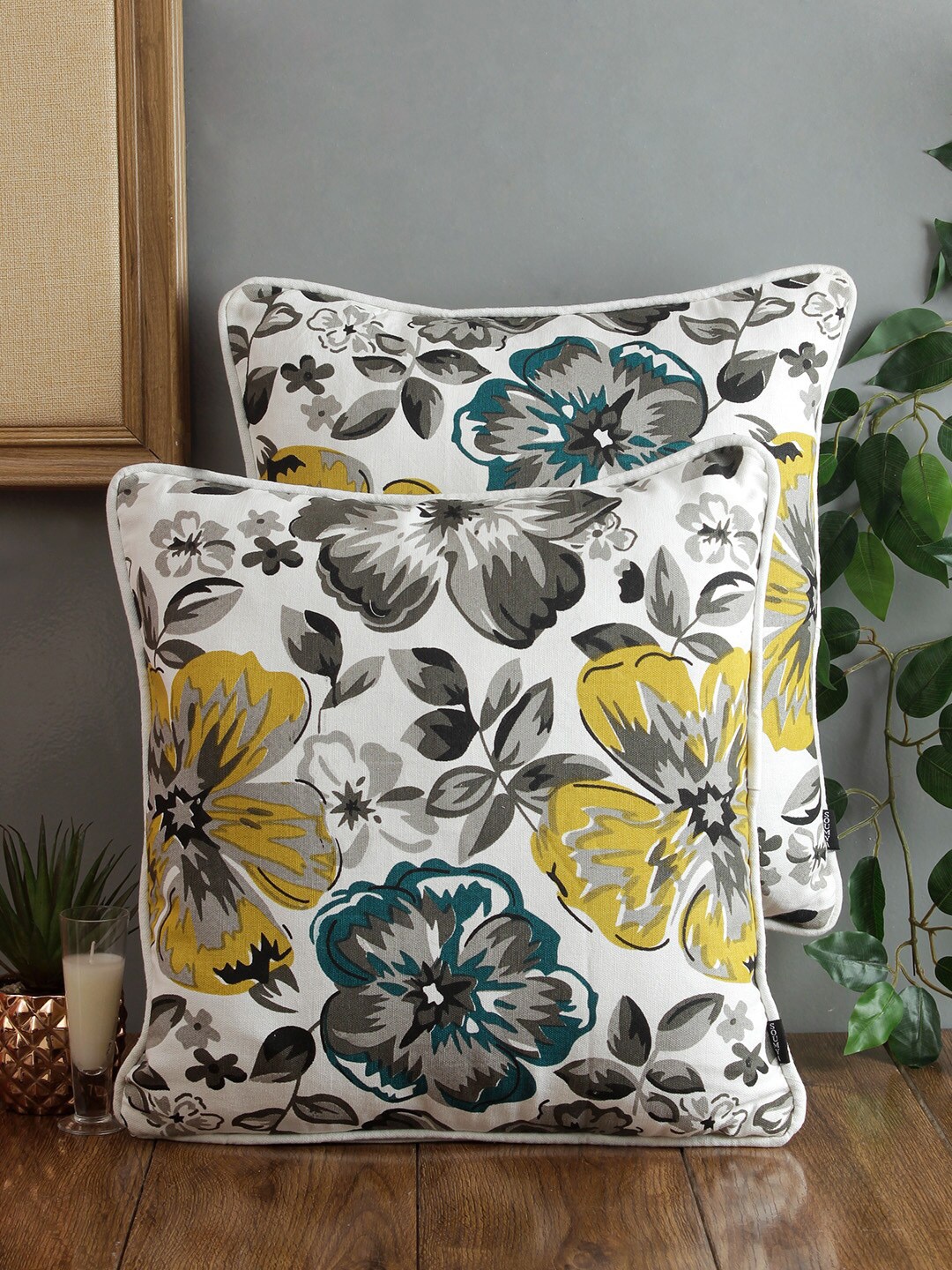 

Soumya White & Grey Set of 2 Floral Square Cushion Covers