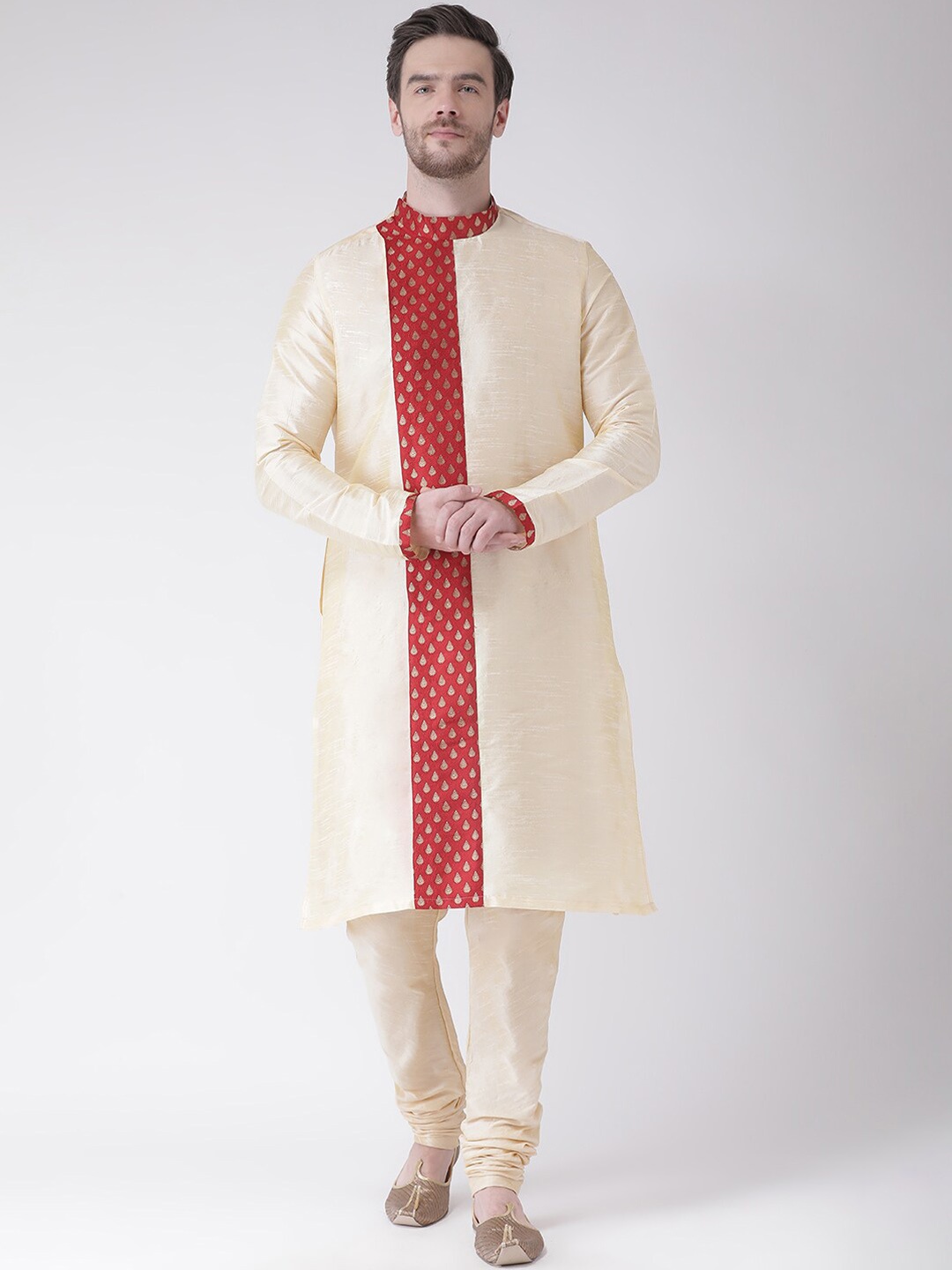 

LAMAAYA Men Cream-Coloured & Red Woven Design Handloom Straight Kurta