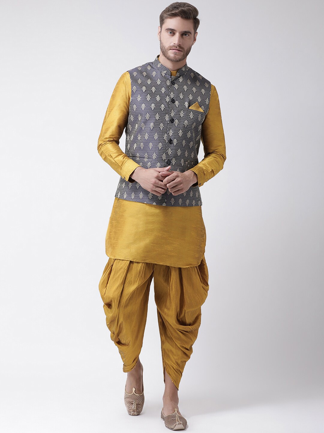

LAMAAYA Men Navy Blue Nehru Jacket With Dupion Silk Kurta & Patiala