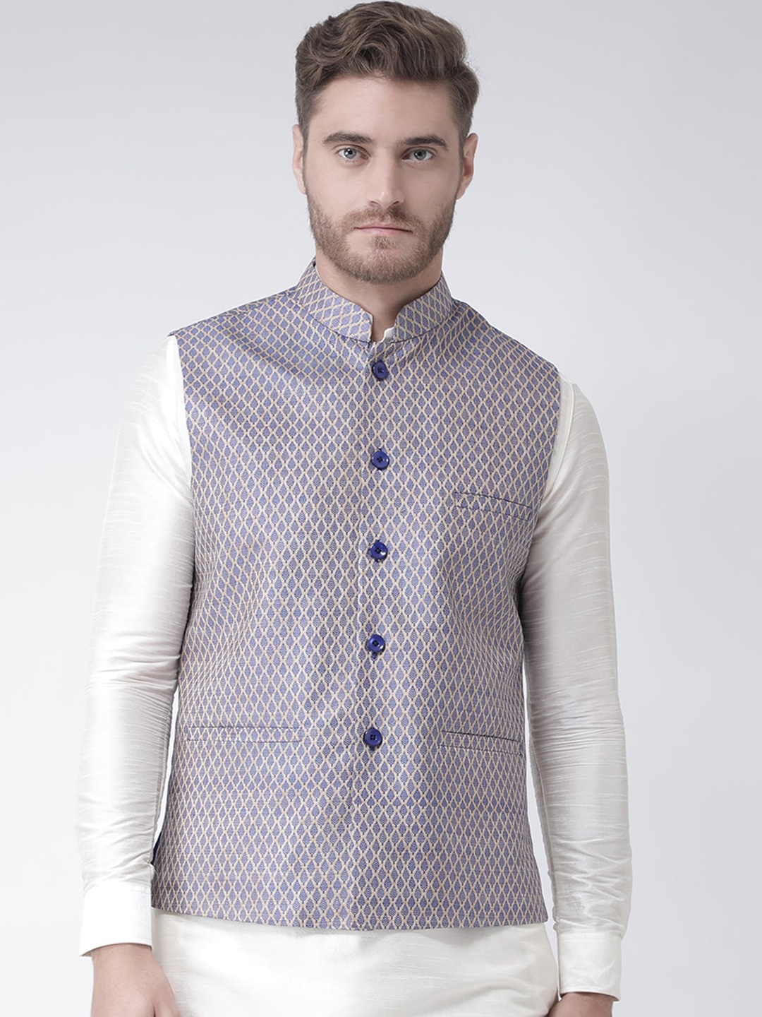 

LAMAAYA Men Blue & Beige Woven-Design Nehru Jacket