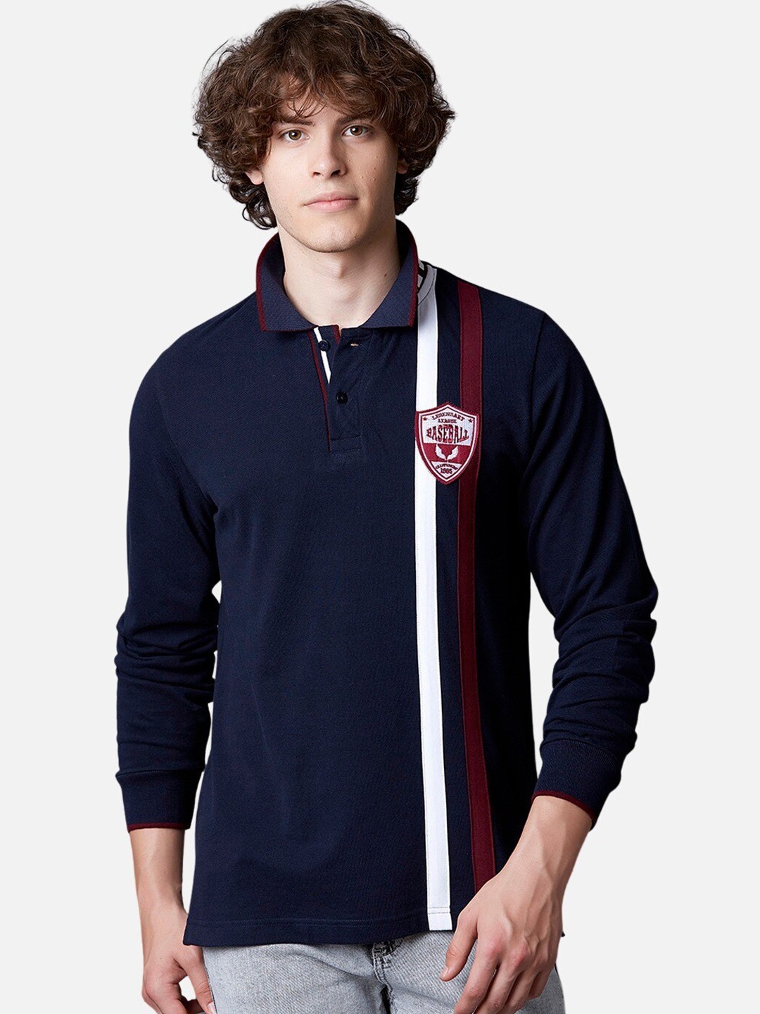 

MARCA Disati Men Navy Blue & White Striped Polo Collar T-shirt