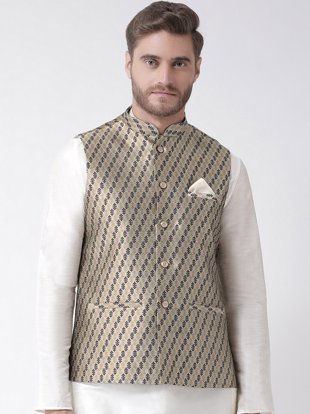 

LAMAAYA Men Cream-Coloured & Blue Woven-Design Nehru Jacket