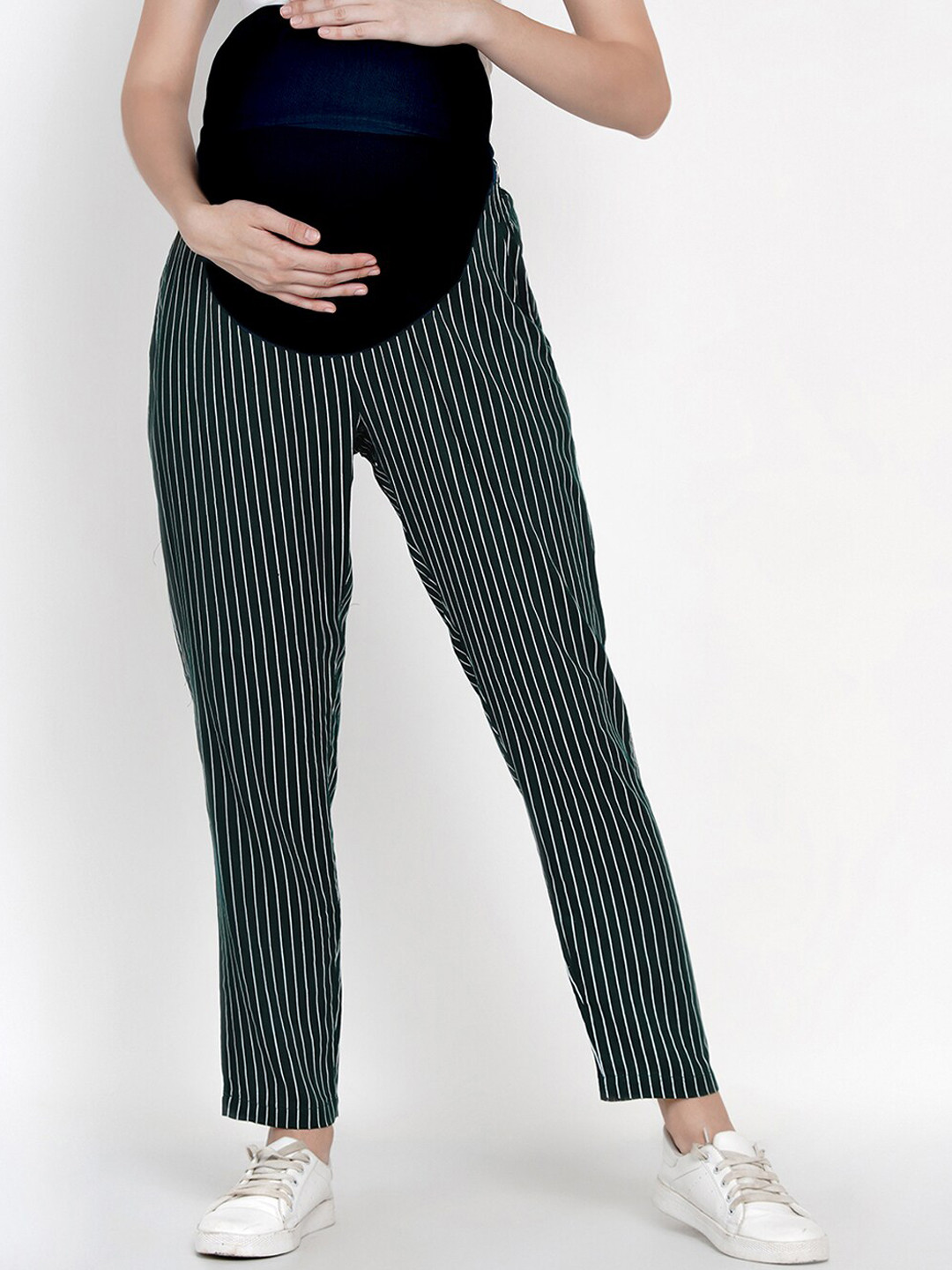 

Mine4Nine Women Green & White Straight Fit Striped Maternity Regular Trousers