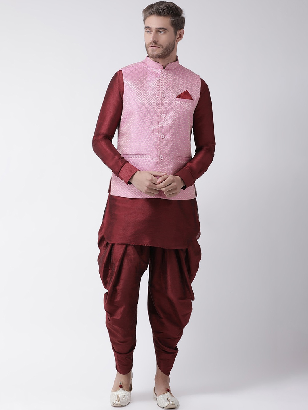

LAMAAYA Men Maroon Solid Kurta with Dhoti Pants & Nehru Jacket
