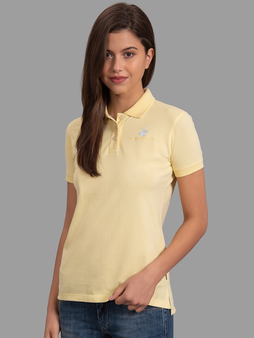 

Beverly Hills Polo Club Women Yellow Solid Polo Collar T-shirt