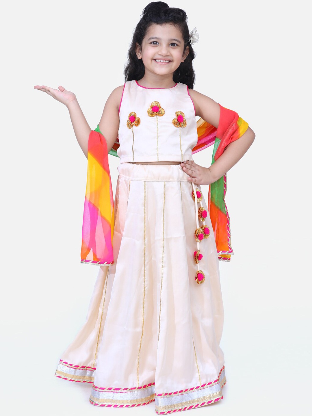 

Fairies Forever Girls Cream-Colured & Pink Embellished Ready To Wear Lehenga & Blouse With Dupatta