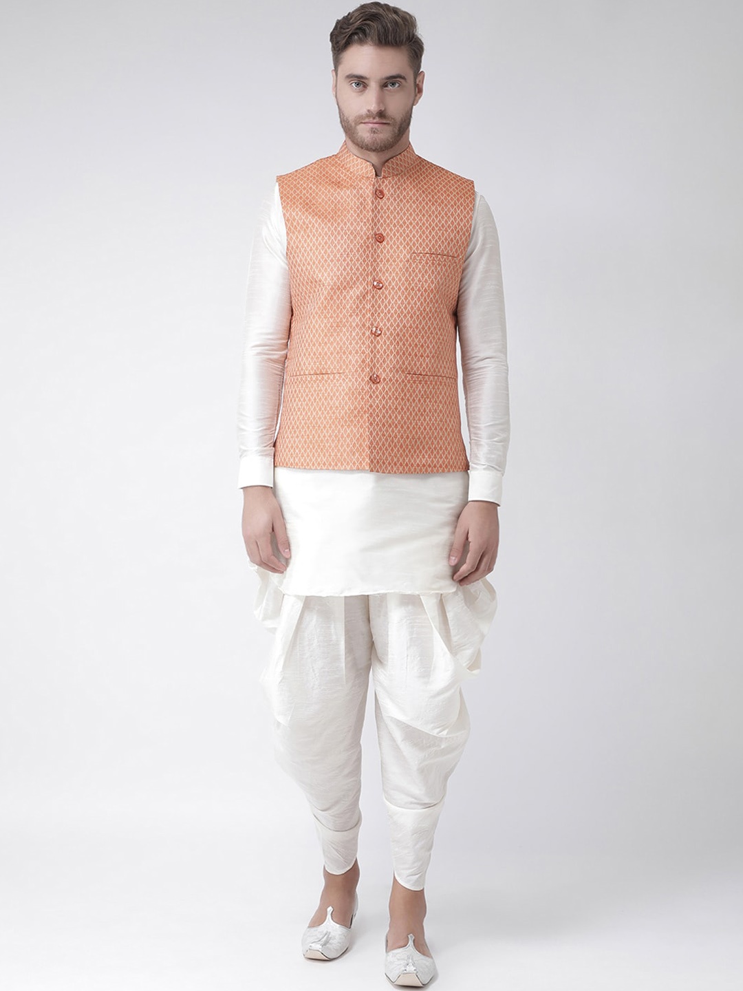 

LAMAAYA Men Orange & Off-White Self Design Kurta with Patiala