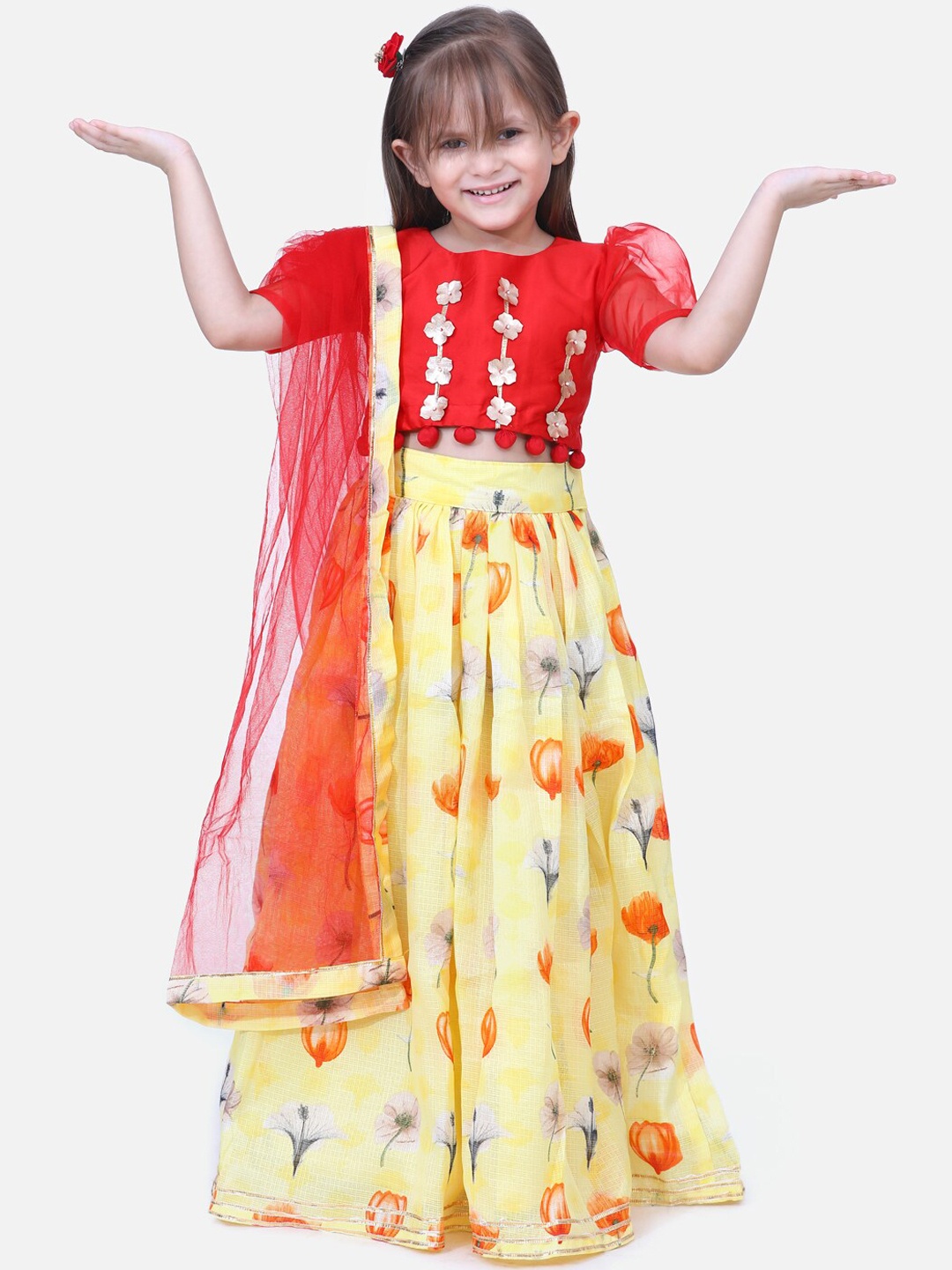 

Fairies Forever Red & Yellow Printed Ready To Wear Lehanga Choli With Dupatta