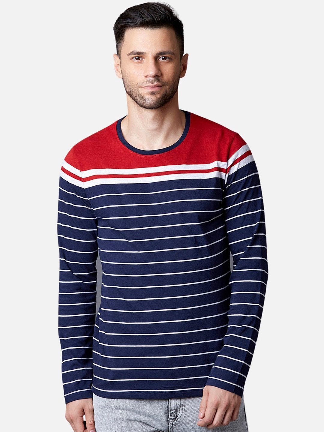 

MARCA Disati Men Navy Blue Striped Round Neck T-shirt