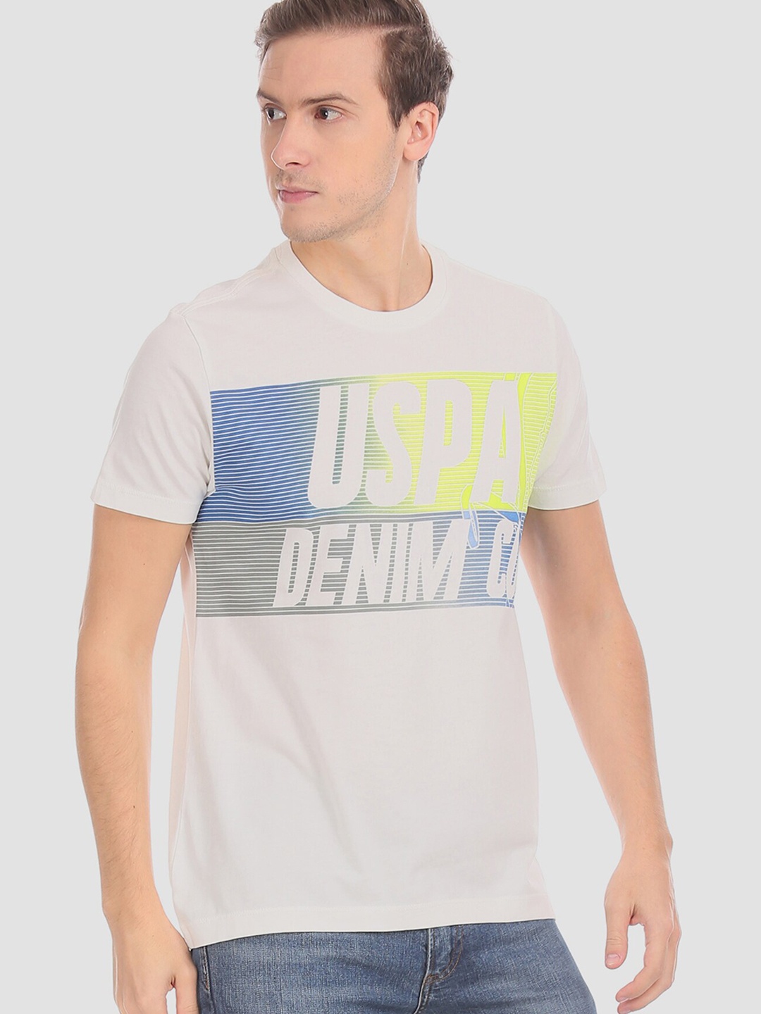 

U.S. Polo Assn. Denim Co. Men White Printed Round Neck T-shirt