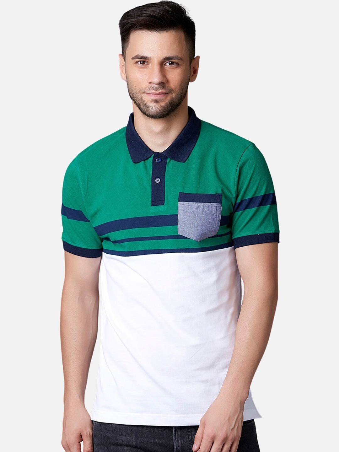 

MARCA Disati Men White & Green Colourblocked Polo Collar T-shirt