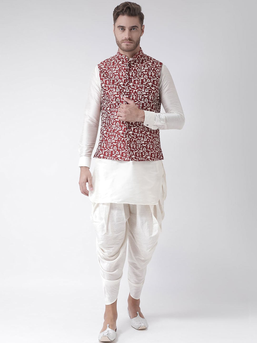 

LAMAAYA Men White & Red Solid Kurta with Patiala & Nehru Jacket